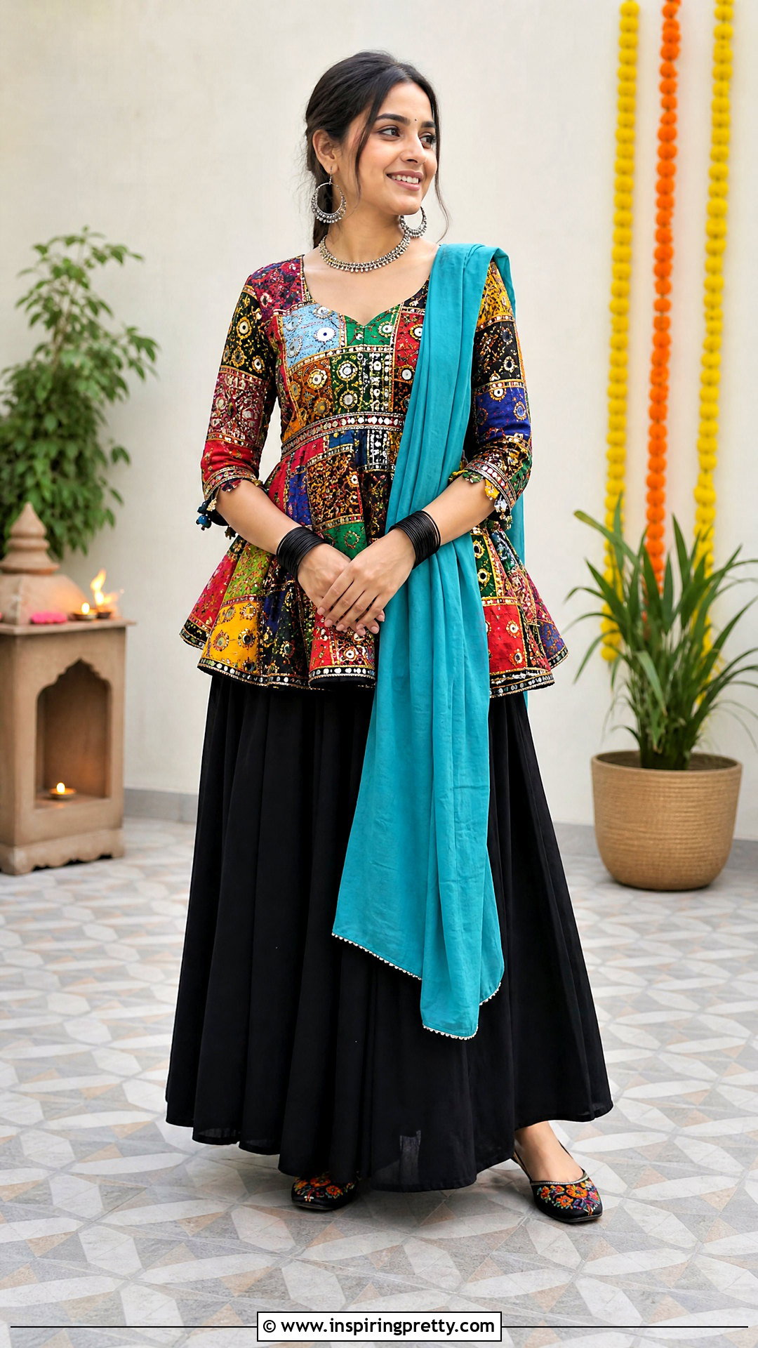 Patchwork Kediyu With Plain Black Skirt - 50 Kediyu Top For Navratri outfit ideas