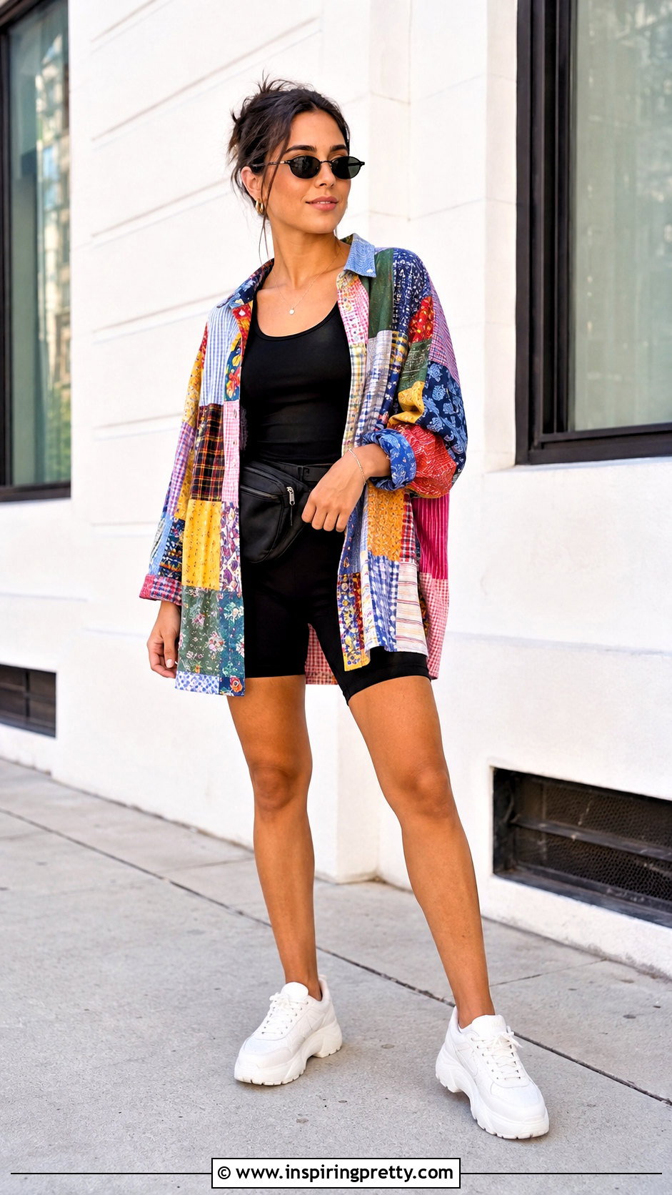 Patchwork Shirt With Bike Shorts - 50 handmade tops outfit ideas