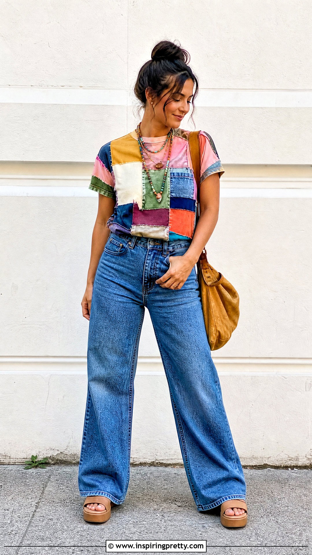 Patchwork T Shirt With Wide Leg Jeans - 25 diy boho tops upcycled clothing ideas