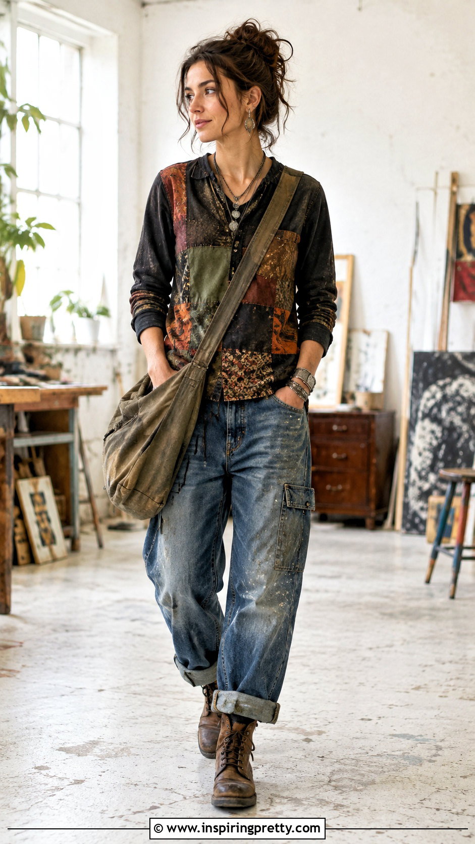 Patchwork Top With Carpenter Jeans - 50 alt tops outfit ideas