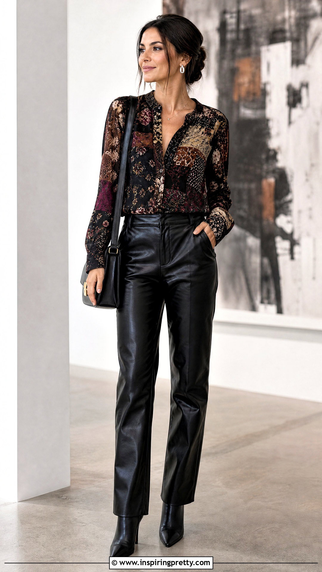 Patchwork Top With Faux Leather Pants - 50 patchwork top outfit ideas