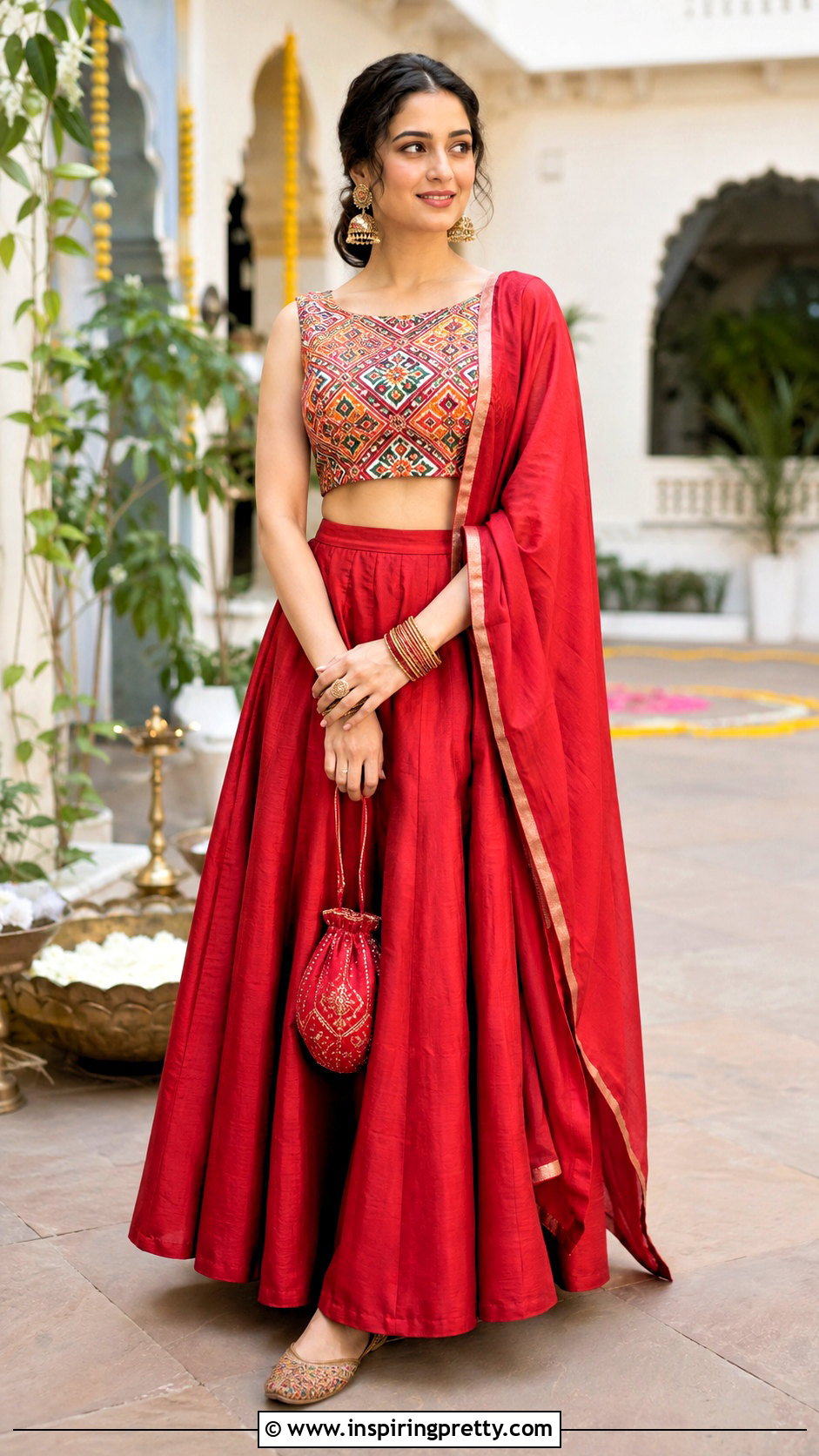 Patola Print Crop Top With Solid Lehenga - 50 traditional crop top designs