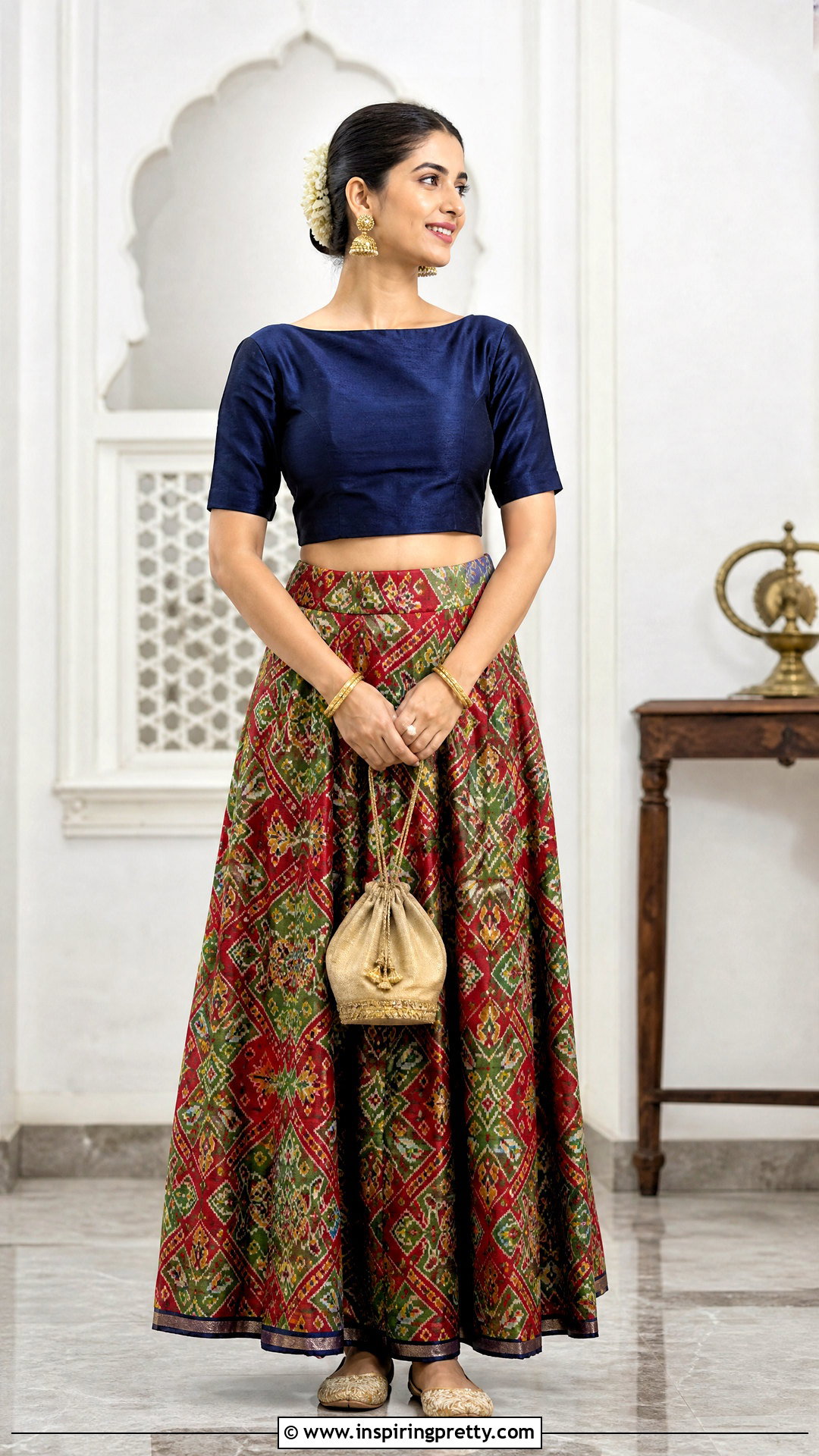 Patola Skirt And Solid Silk Top - 50 skirt and top traditional outfit ideas