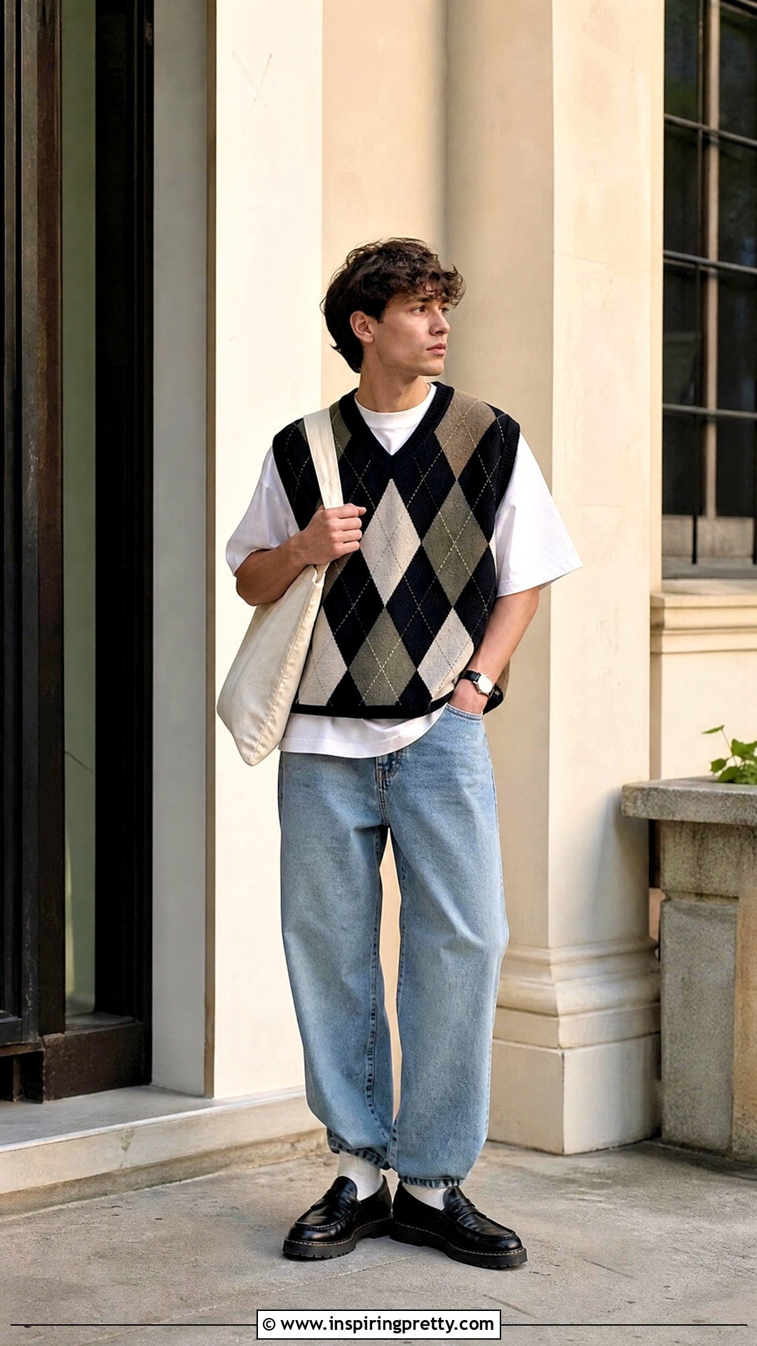 Patterned Sweater Vest With Wide Jeans - 50 mens tops outfit ideas