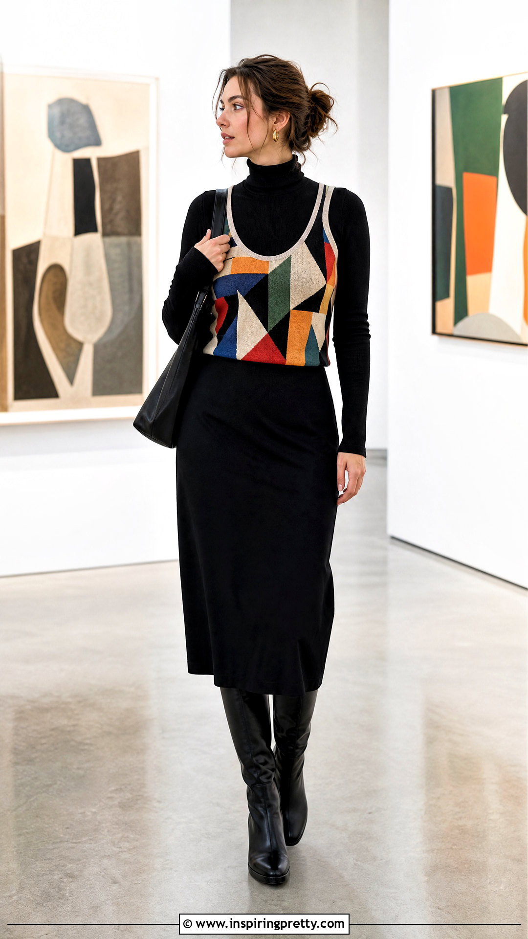 Patterned Tank Top Over Black Turtleneck With Midi Skirt - 50 tank top over shirt outfits