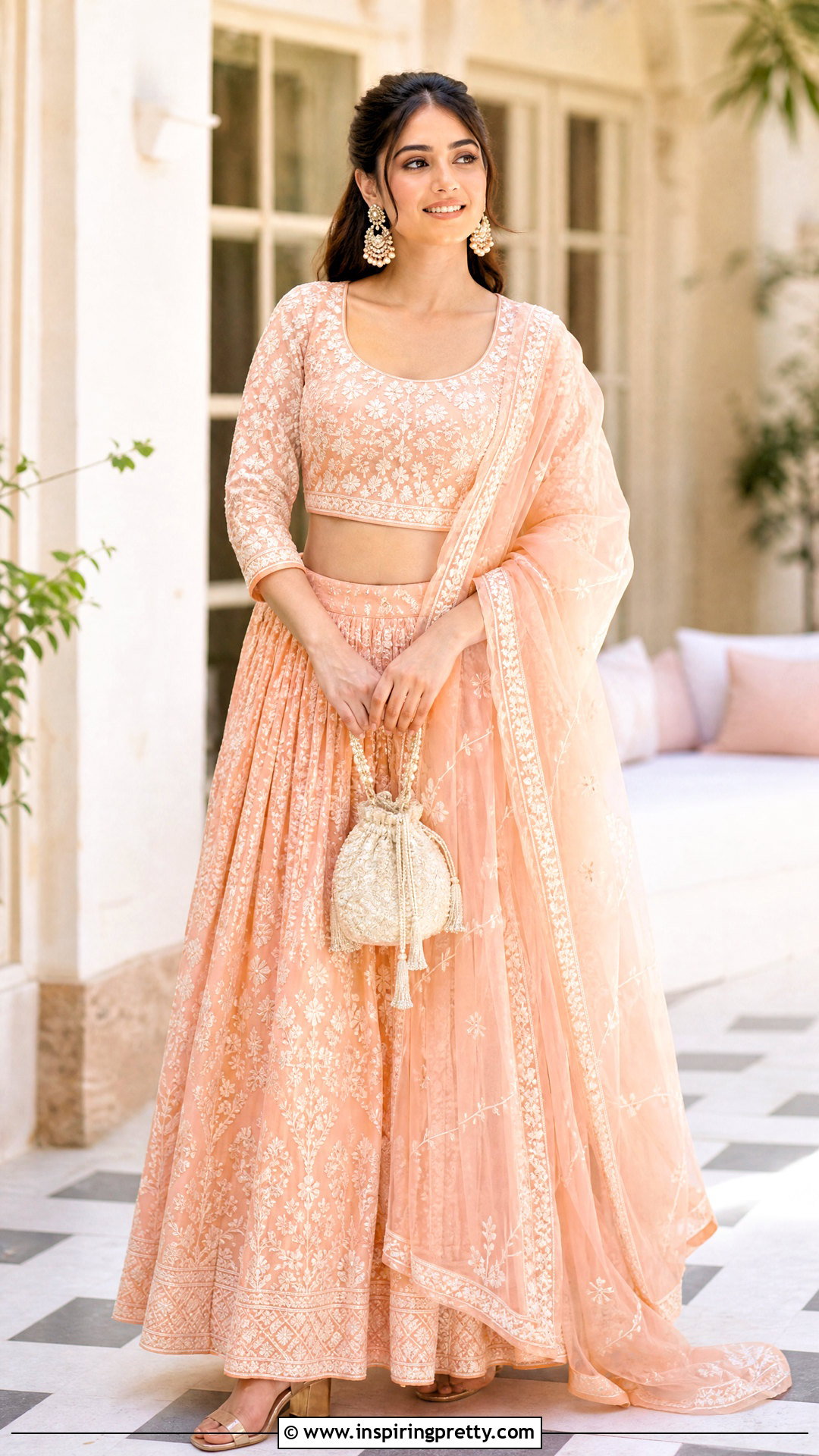 Peach Chikankari Crop Top Lehenga Outfit - 25 chikankari crop top lehenga outfits