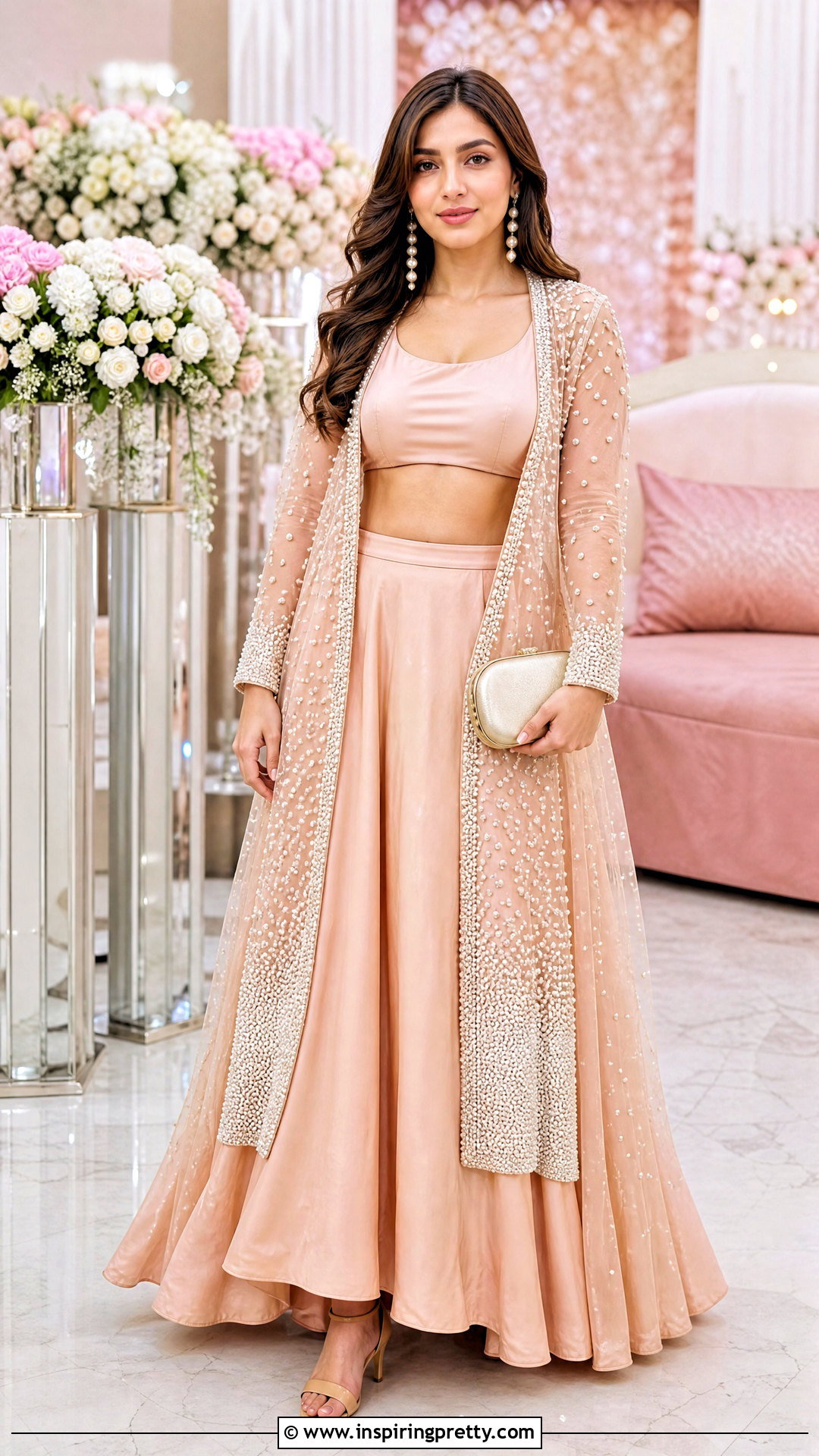 Peach Crop Top Lehenga With Pearl Jacket - 50 crop top lehenga with jacket outfit ideas