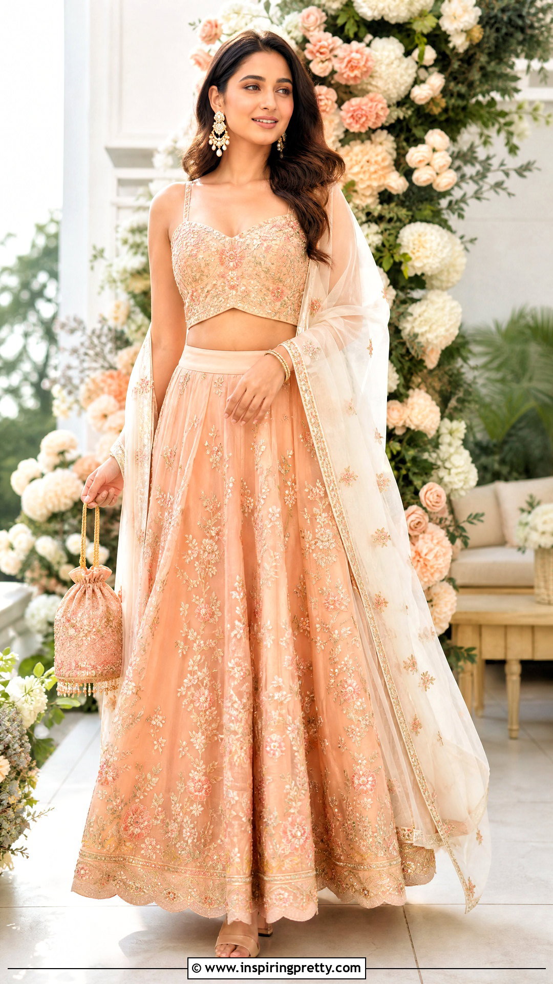 Peach Embroidered Crop Top Lehenga - 50 crop top lehenga designs