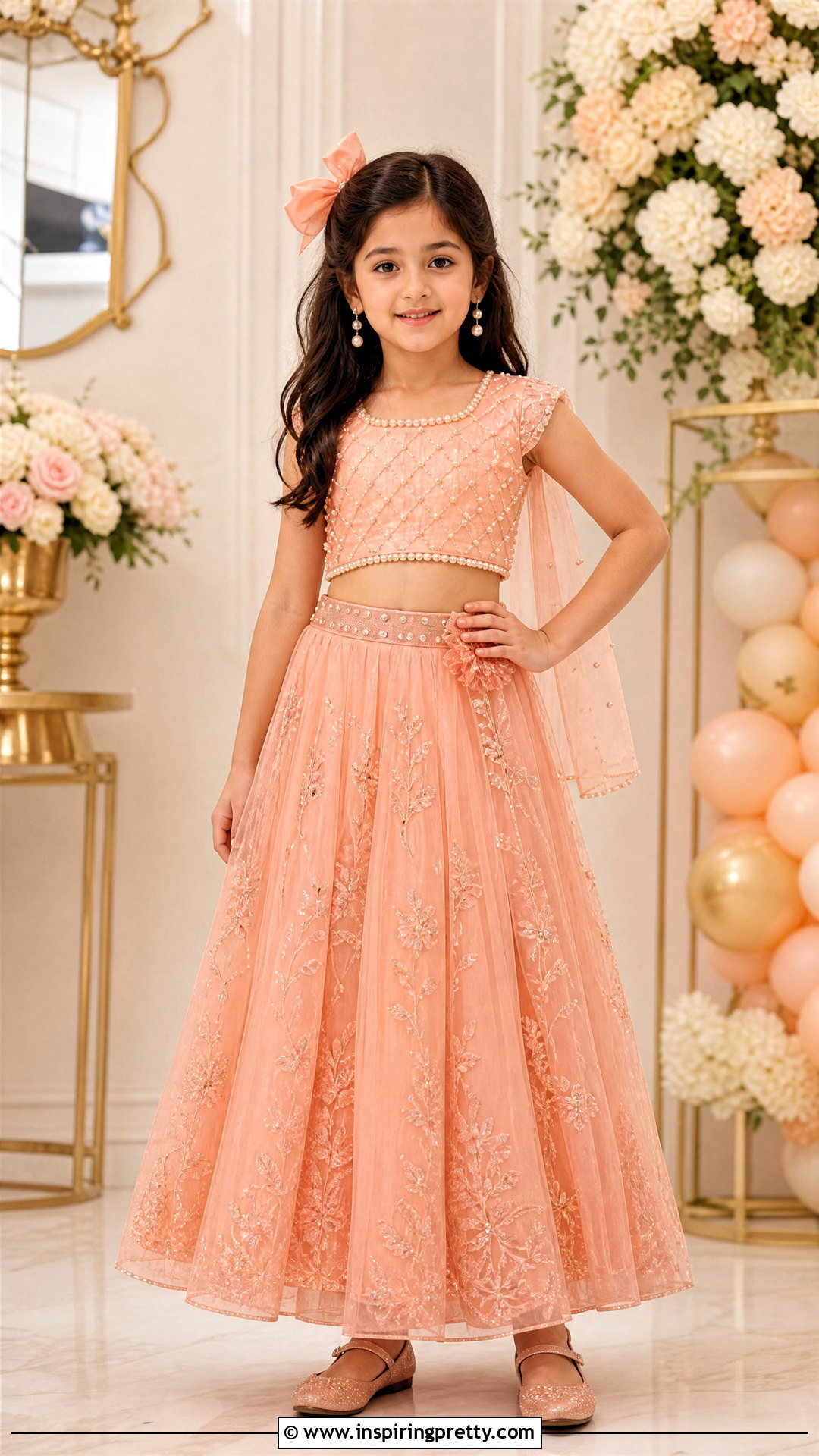 Peach Net Kids Crop Top Lehenga - 50 kids crop top lehenga designs