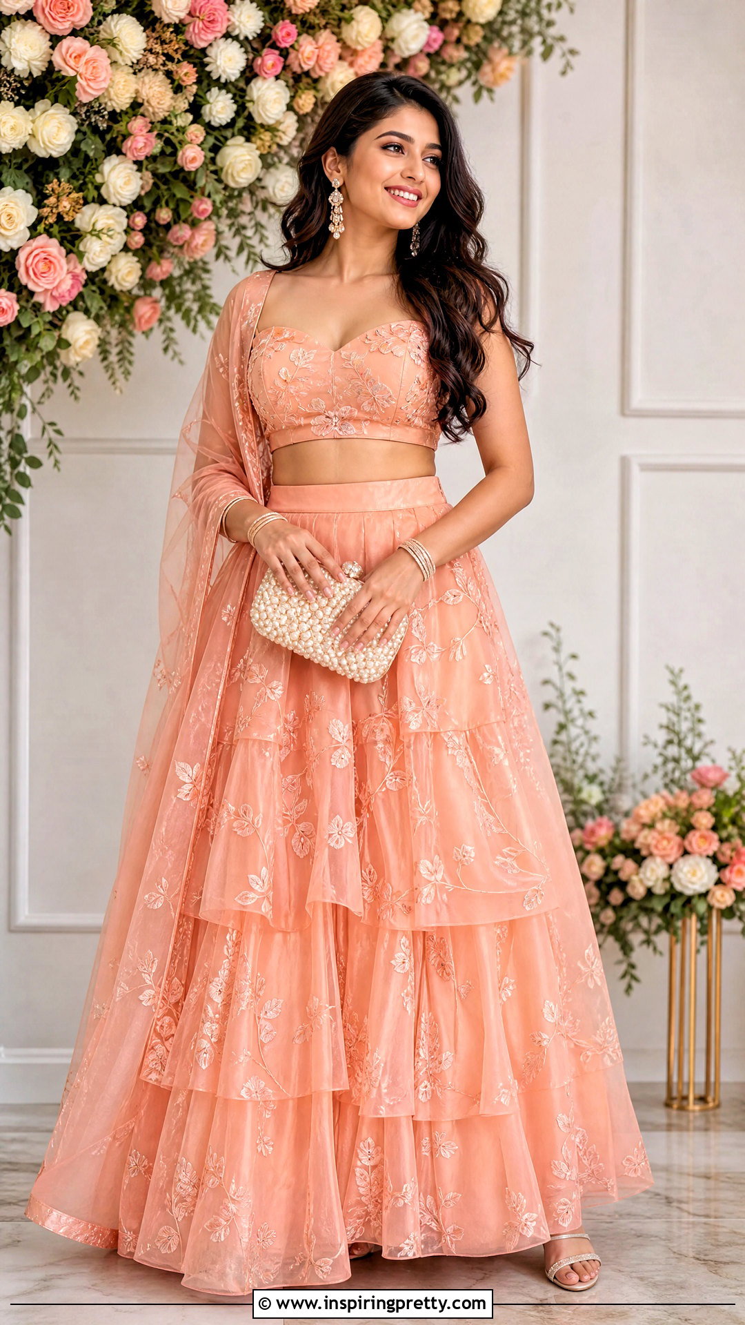 Peach Organza Crop Top Lehenga Outfit - 50 organza crop top lehenga outfit ideas