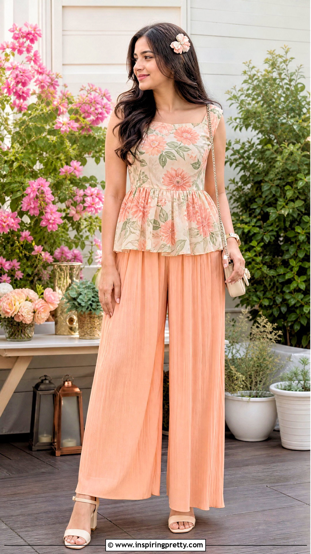 Peach Palazzo With Floral Peplum Top - 50 kids plazo with tops