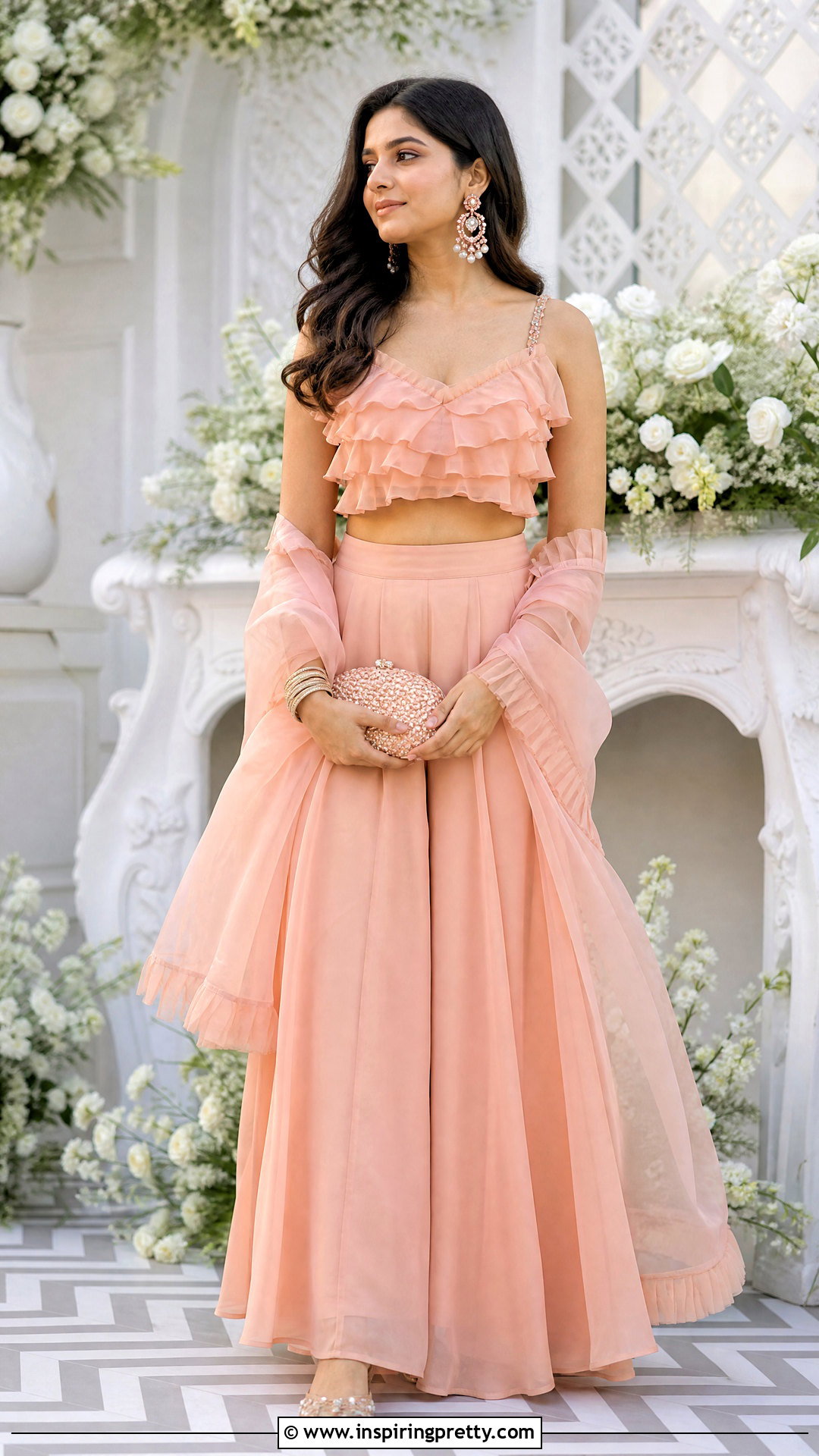 Peach Palazzo With Ruffle Crop Top And Dupatta - 20 plazzo with crop top and dupatta outfit ideas
