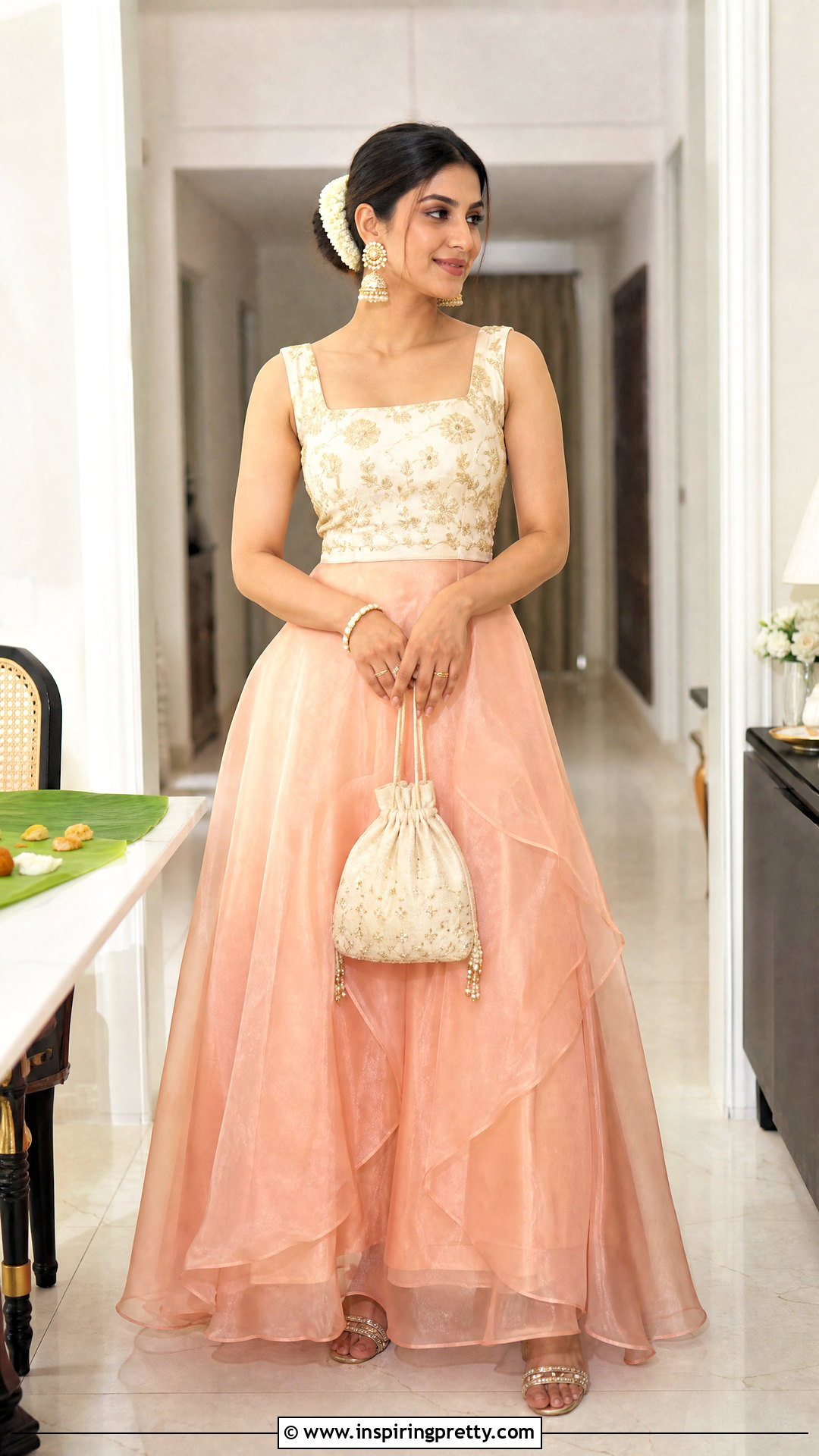 Peach Skirt And Gold Embroidered Top - 50 onam skirt and top designs
