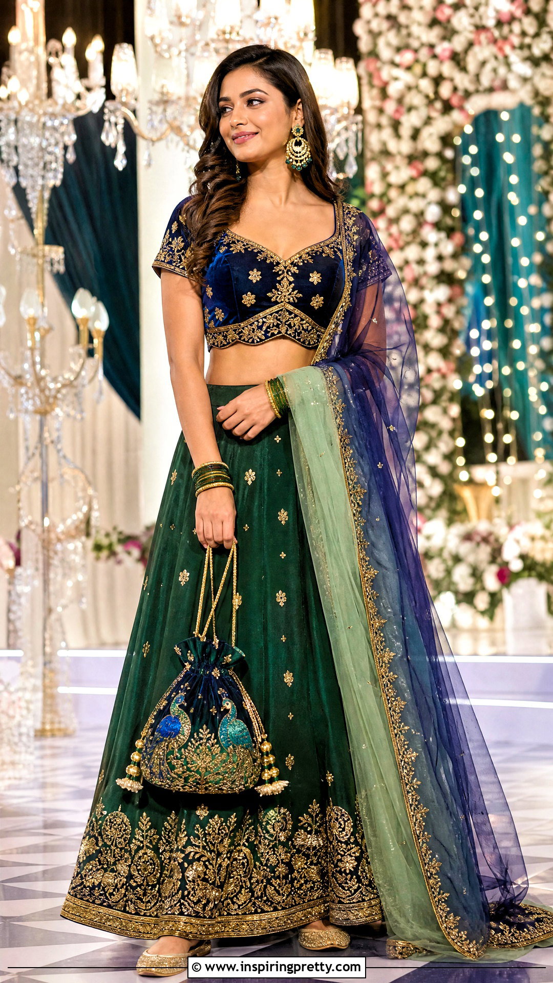 Peacock Blue Velvet Crop Top With Green Lehenga - 50 velvet crop top designs for lehengas