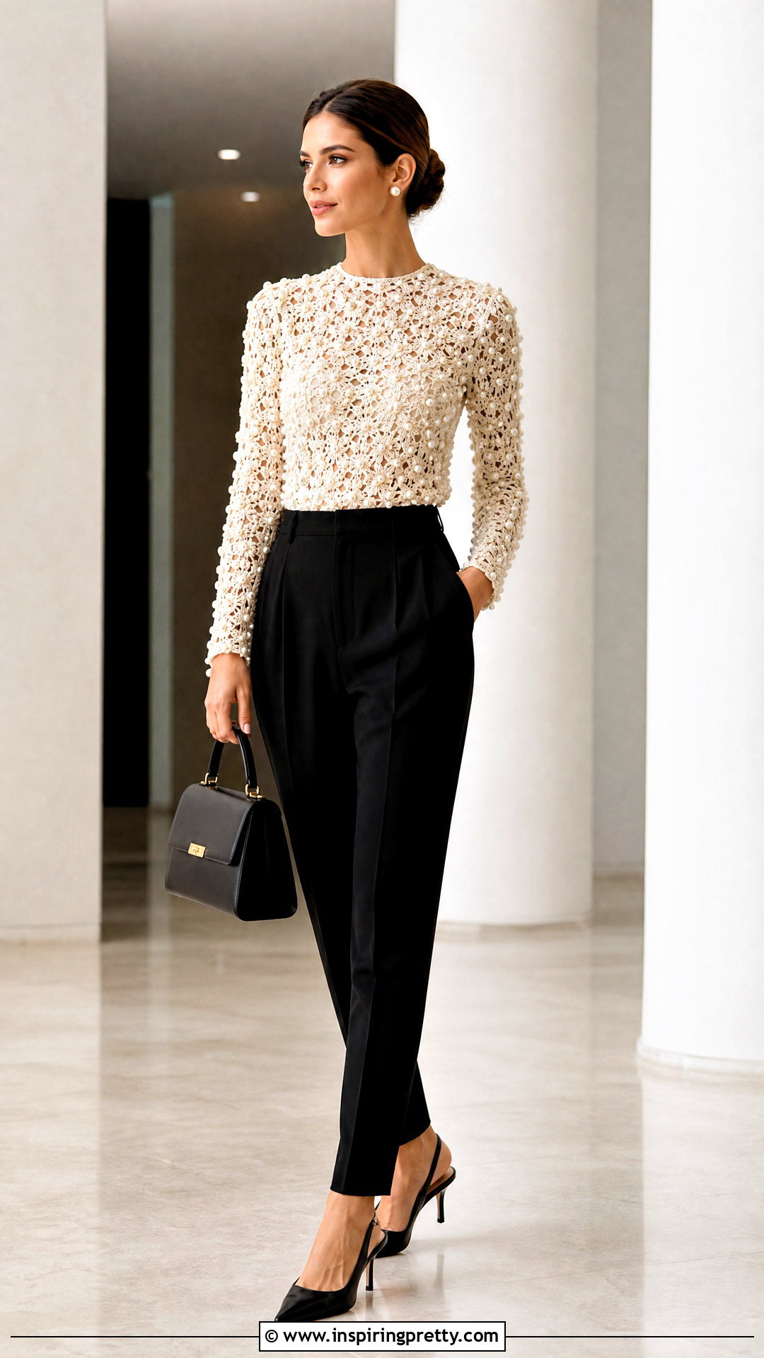 Pearl Beaded Crochet Lace Top With Tailored Pants - 20 crochet lace top with beads