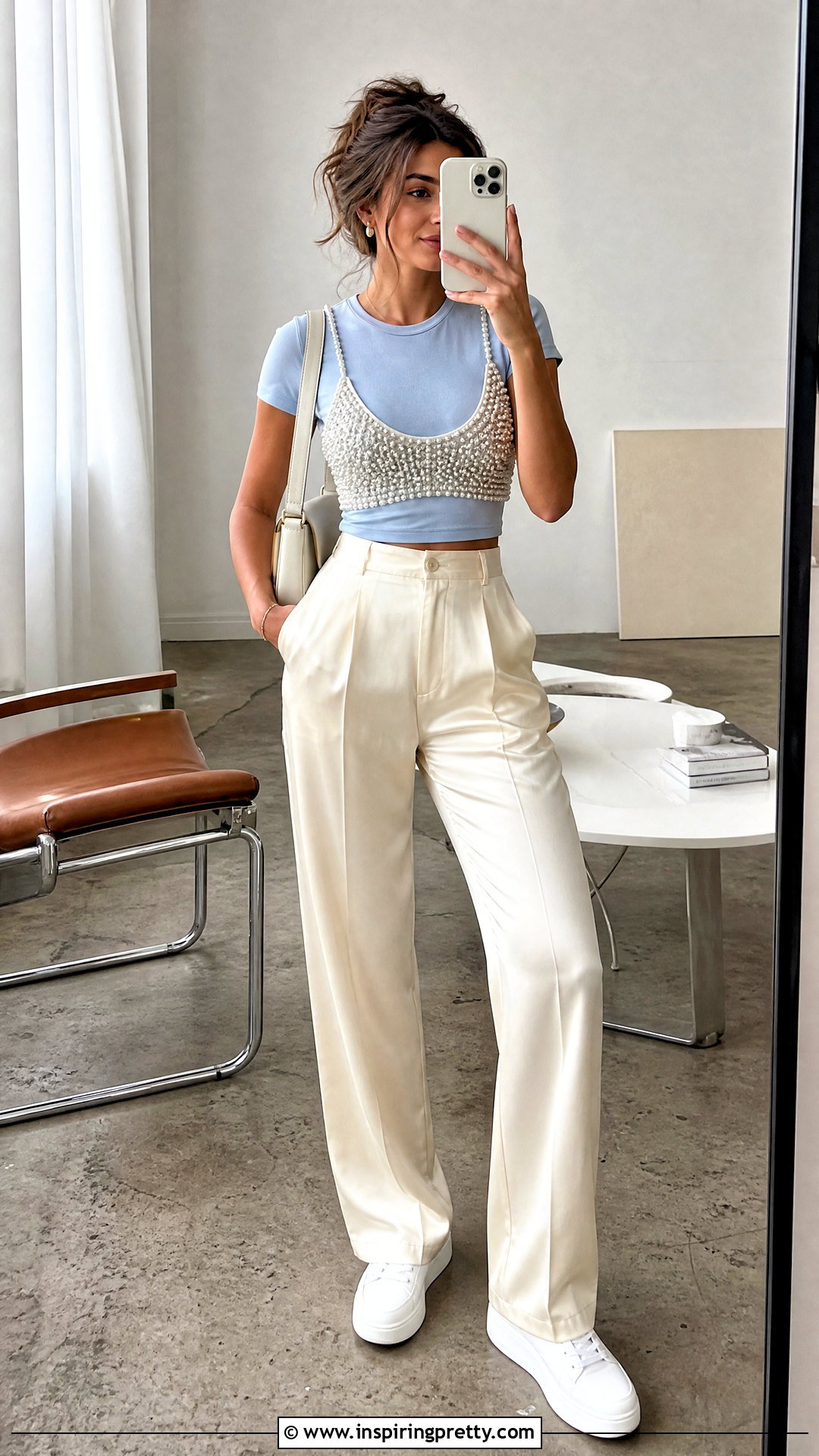 Pearl Beaded Crop Top Over A Fitted T Shirt - 25 pearl beaded crop top outfit ideas