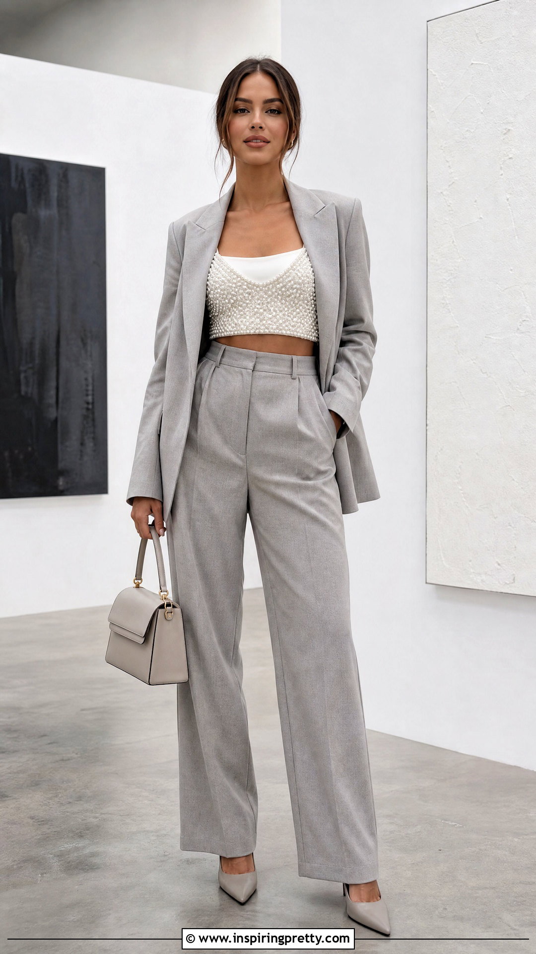 Pearl Beaded Crop Top With Blazer And Trousers - 25 pearl beaded crop top outfit ideas