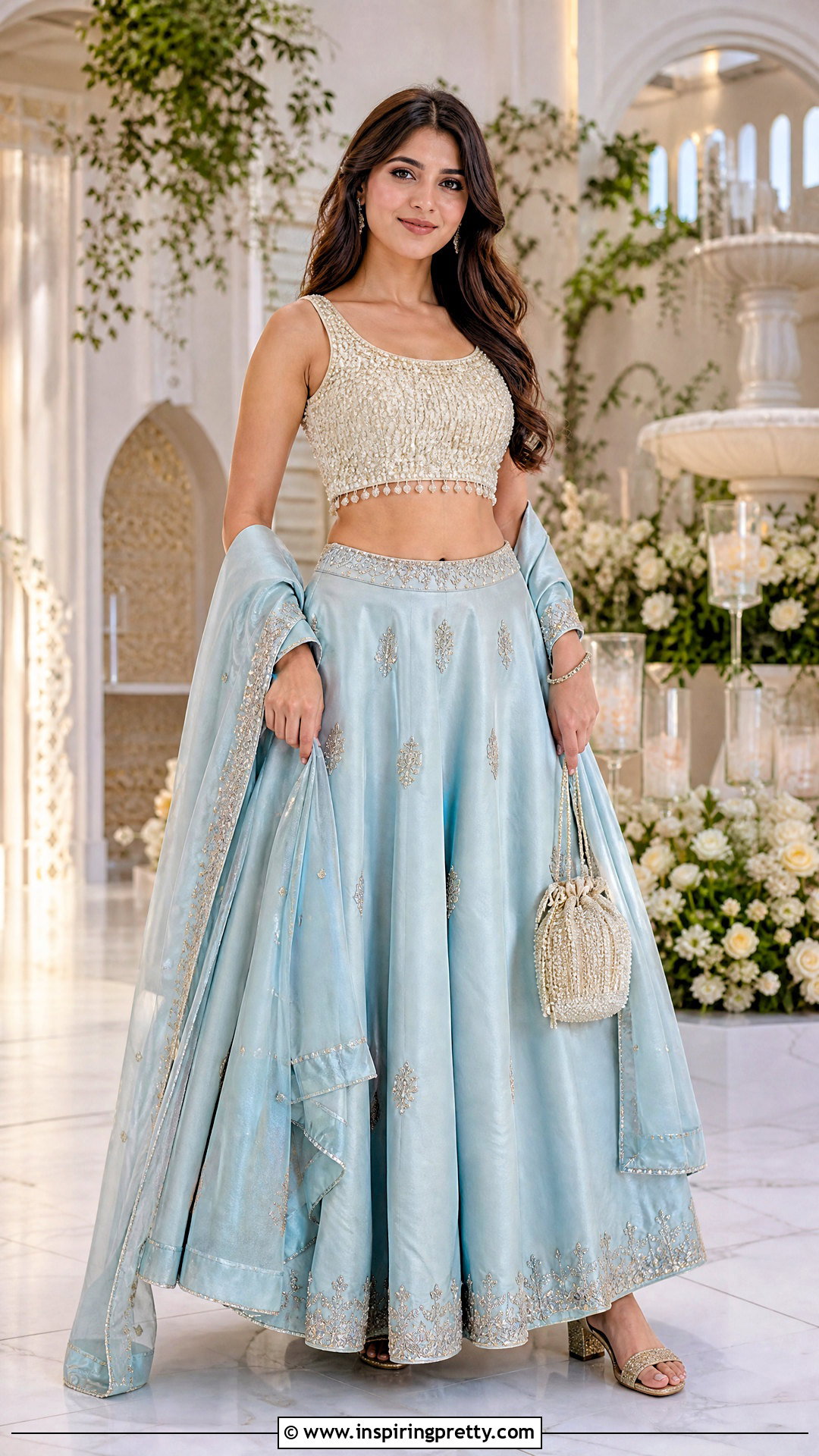 Pearl Beaded Crop Top With Lehenga Skirt - 25 pearl beaded crop top outfit ideas