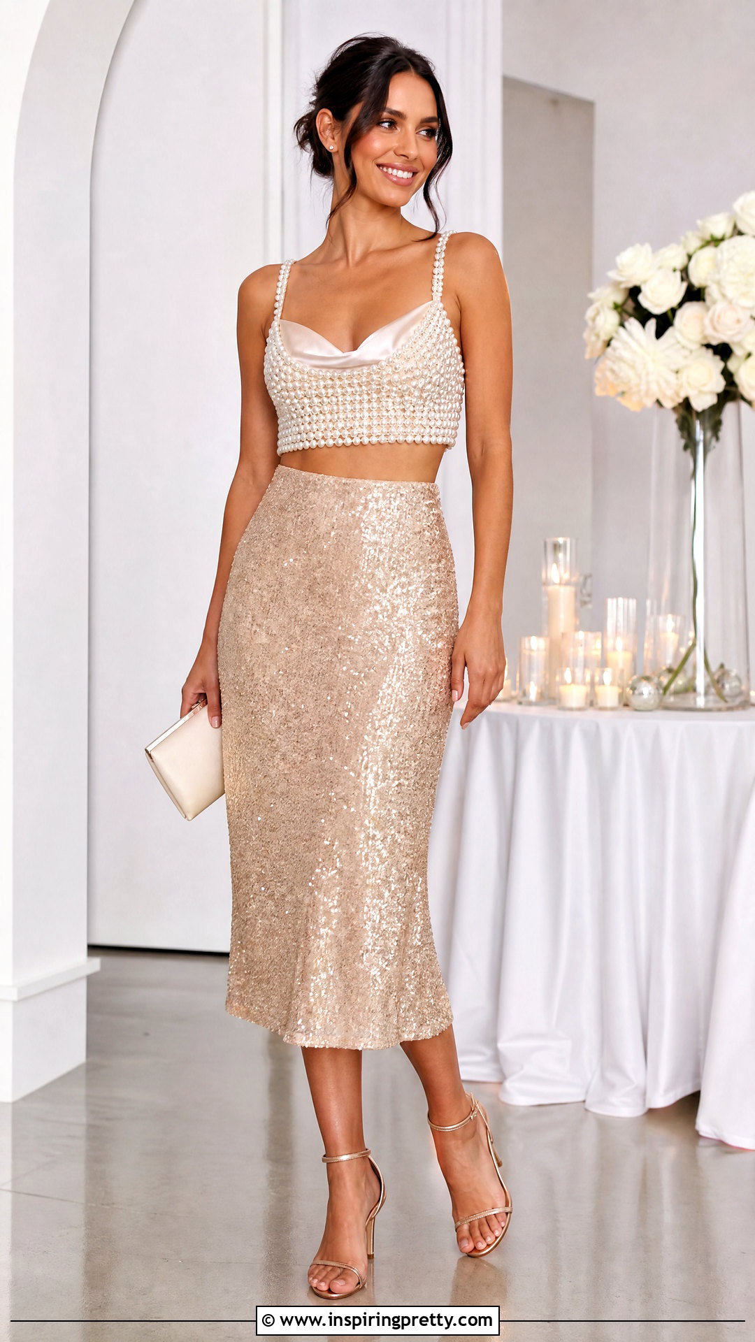 Pearl Beaded Crop Top With Sequin Midi Skirt - 25 pearl beaded crop top outfit ideas