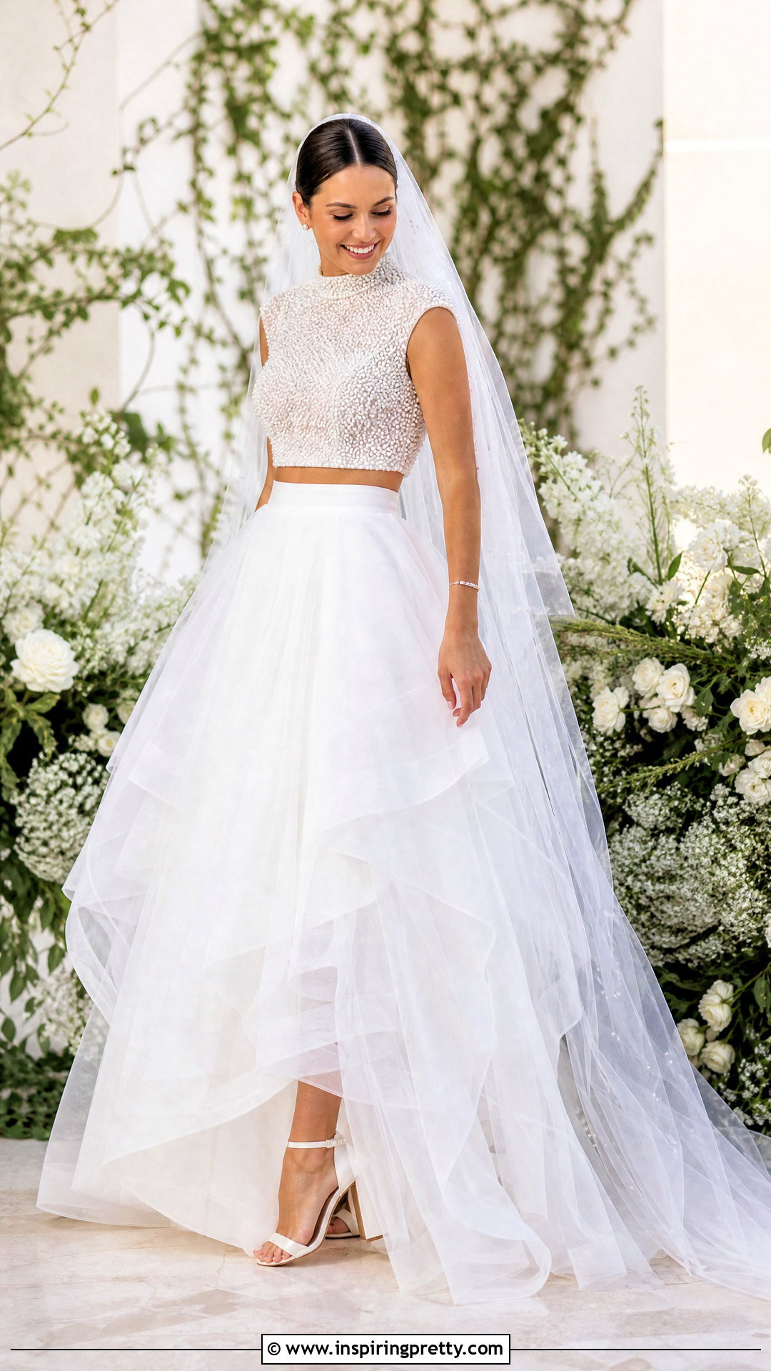 Pearl Bridal Crop Top With Tulle Skirt - 20 bride skirt and top outfit ideas