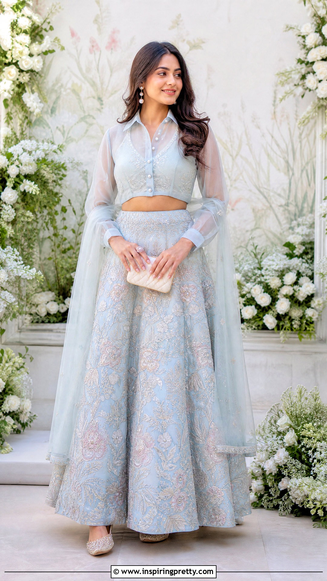 Pearl Button Crop Shirt With Pastel Lehenga Outfit - 25 shirt crop top lehenga outfit ideas