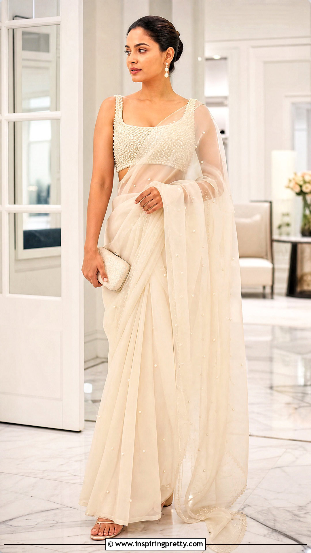 Pearl Crop Top Blouse With Saree - 50 crop top blouse designs