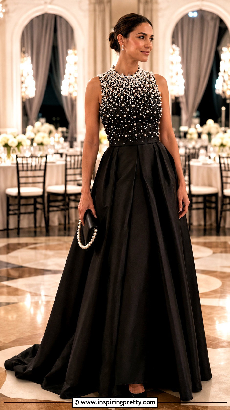 Pearl Embellished Black Tie Top With Ball Skirt - 25 black tie tops for women