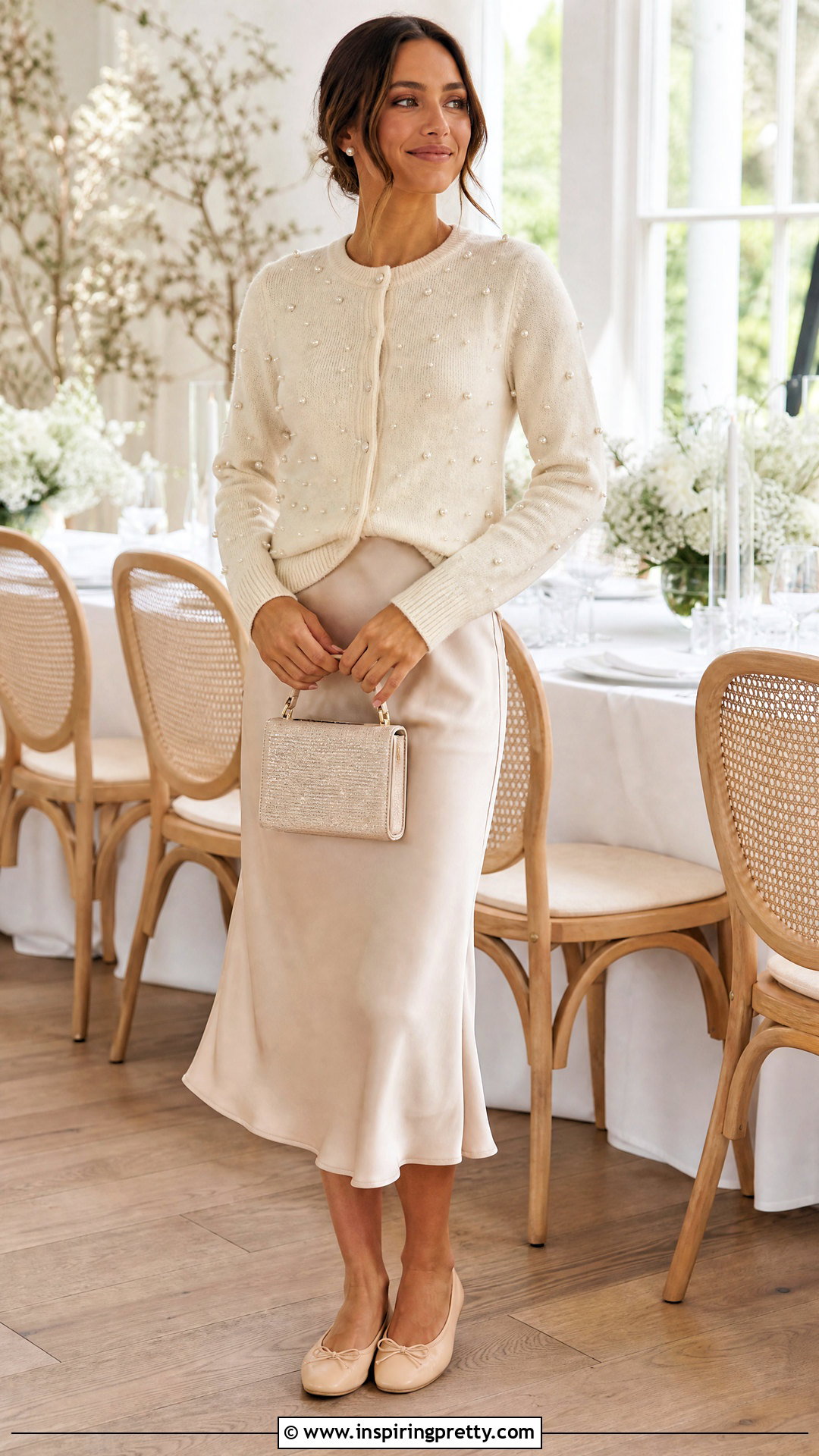 Pearl Embellished Cardigan With Slip Skirt - 50 embellished top outfit ideas