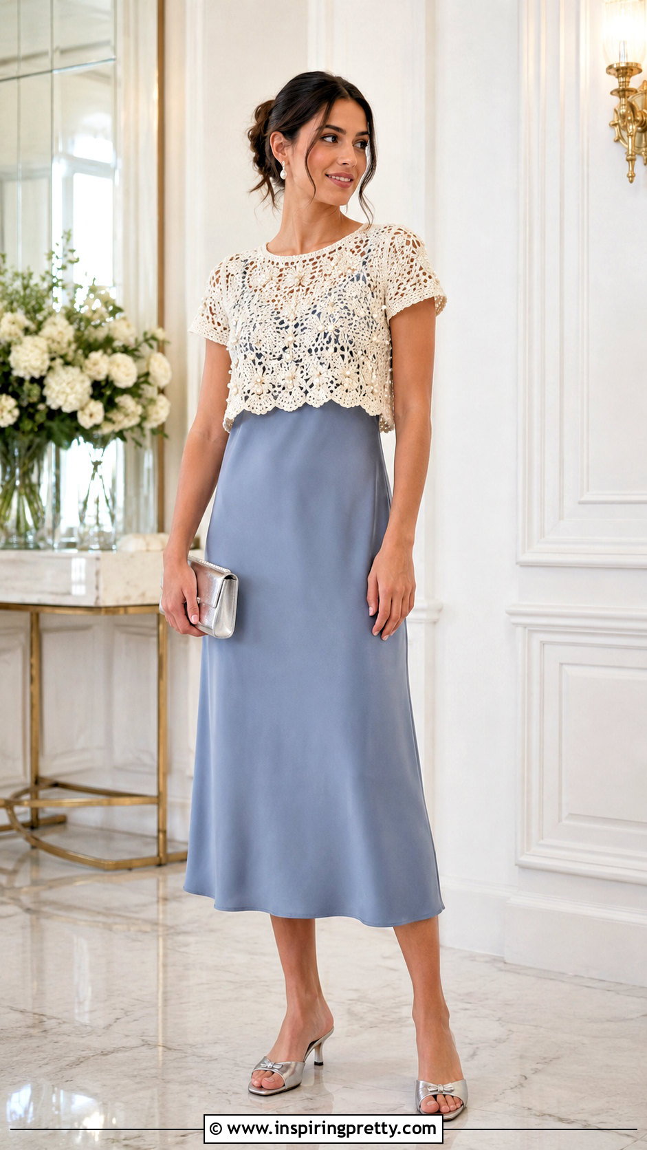 Pearl Embellished Crochet Top Over A Slip Dress - 20 pearl embellished crochet top outfit ideas