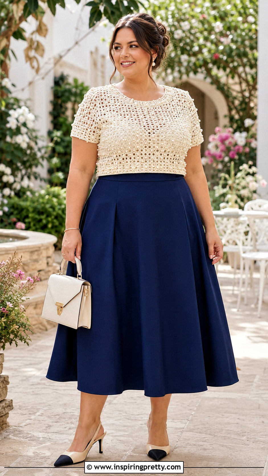Pearl Embellished Crochet Top With A Line Midi Skirt - 20 pearl embellished crochet top outfit ideas