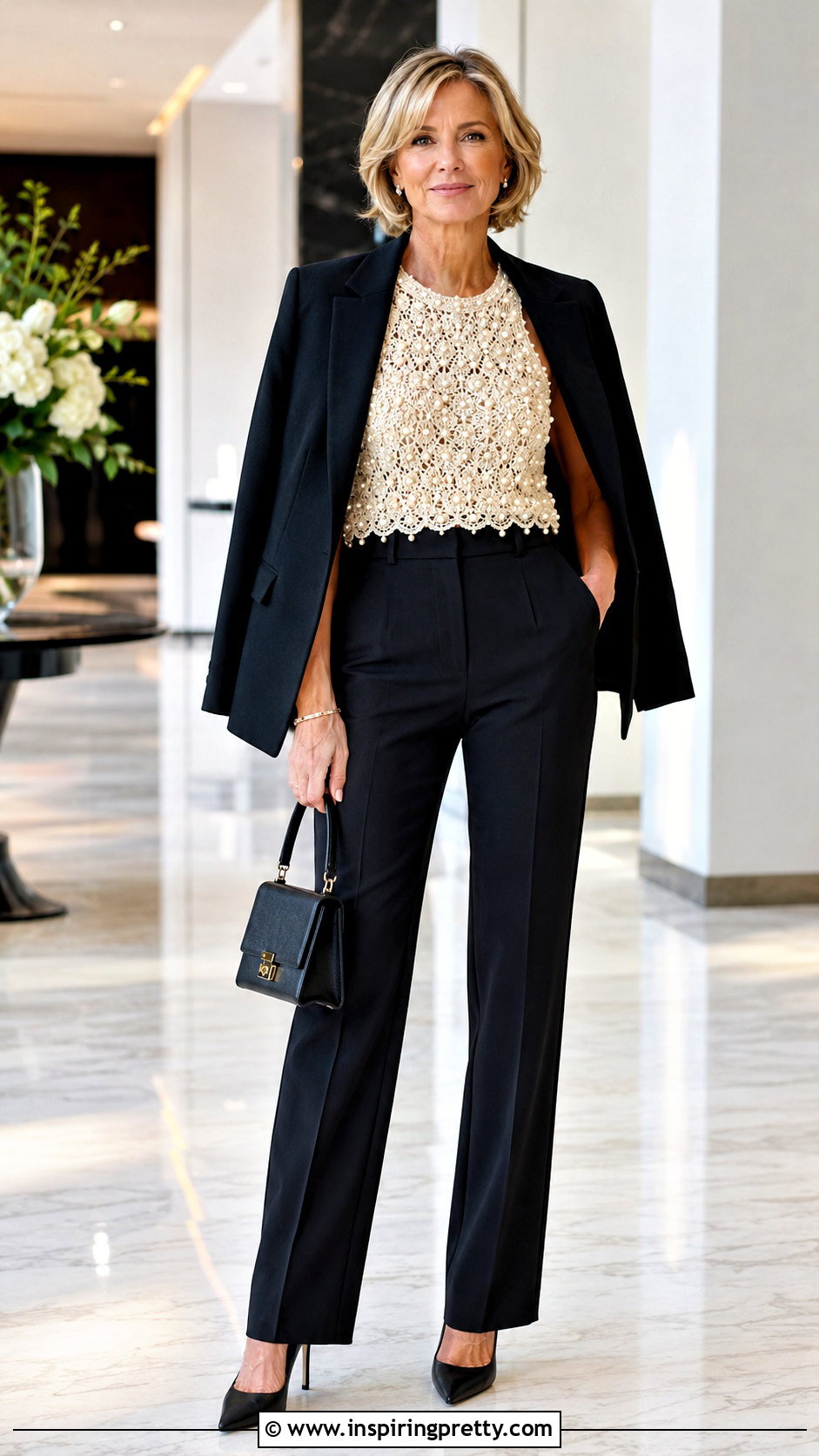 Pearl Embellished Crochet Top With Black Tailored Pants - 20 pearl embellished crochet top outfit ideas
