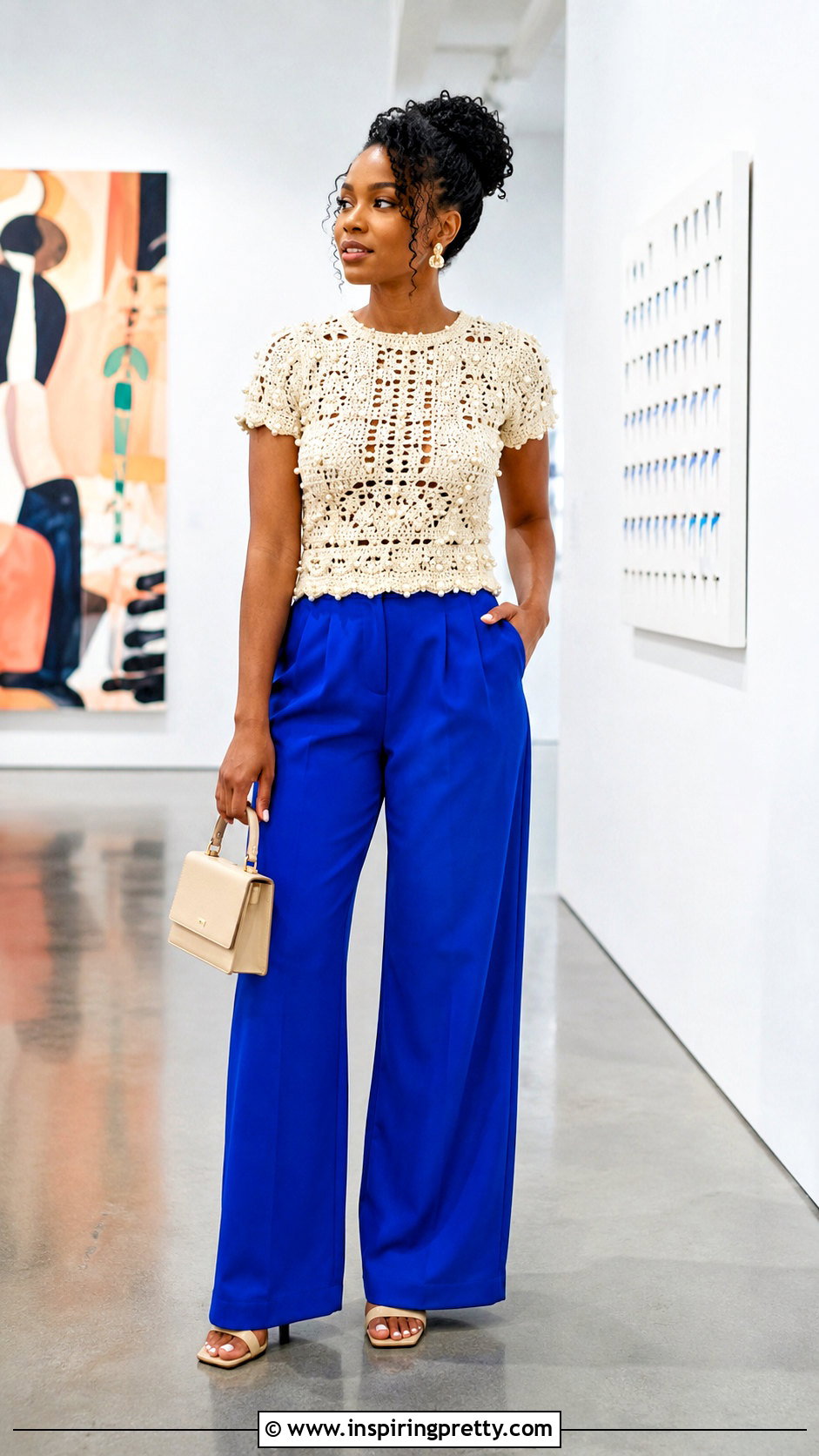 Pearl Embellished Crochet Top With Colorful Trousers - 20 pearl embellished crochet top outfit ideas