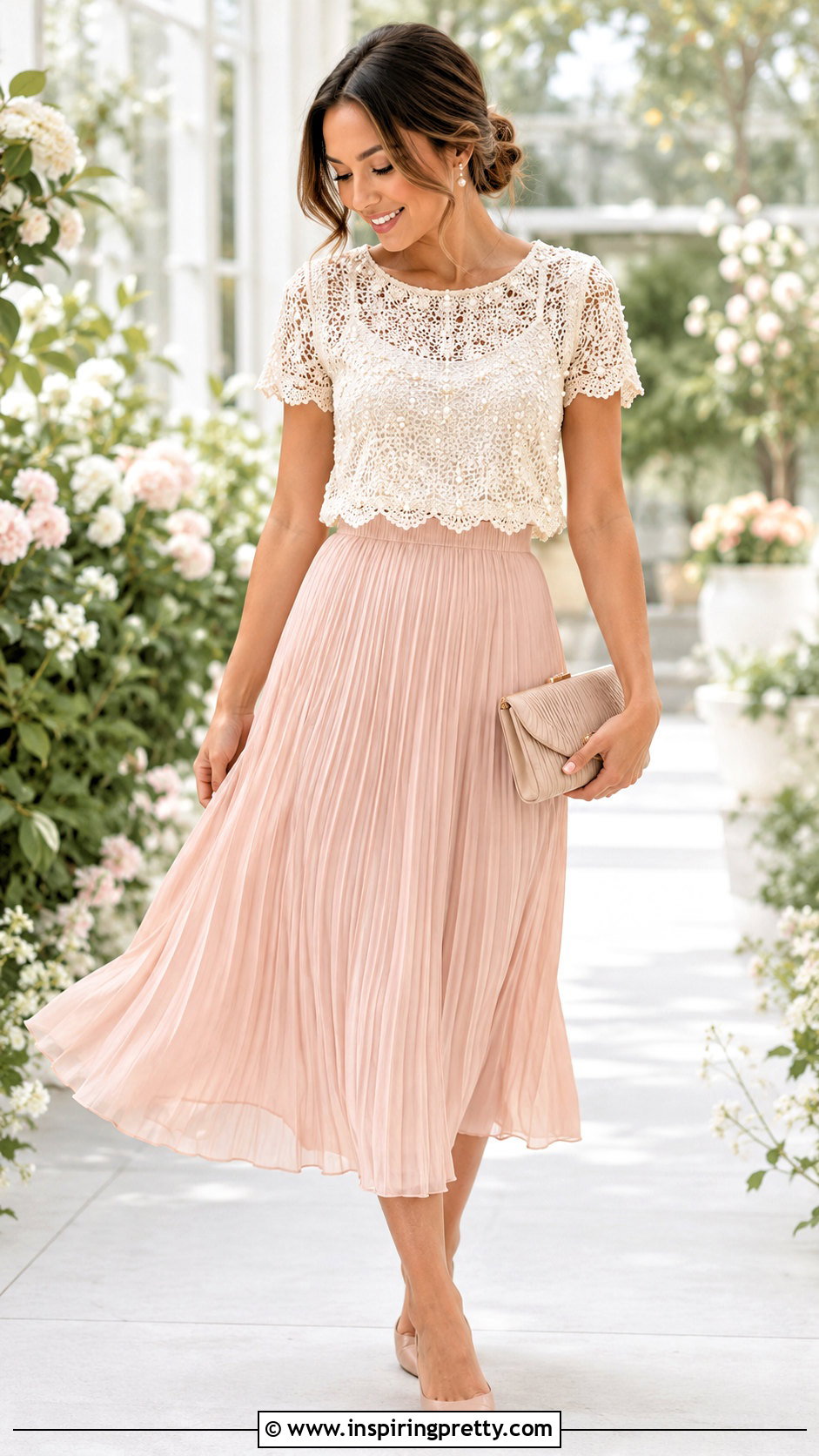 Pearl Embellished Crochet Top With Pleated Midi Skirt - 20 pearl embellished crochet top outfit ideas