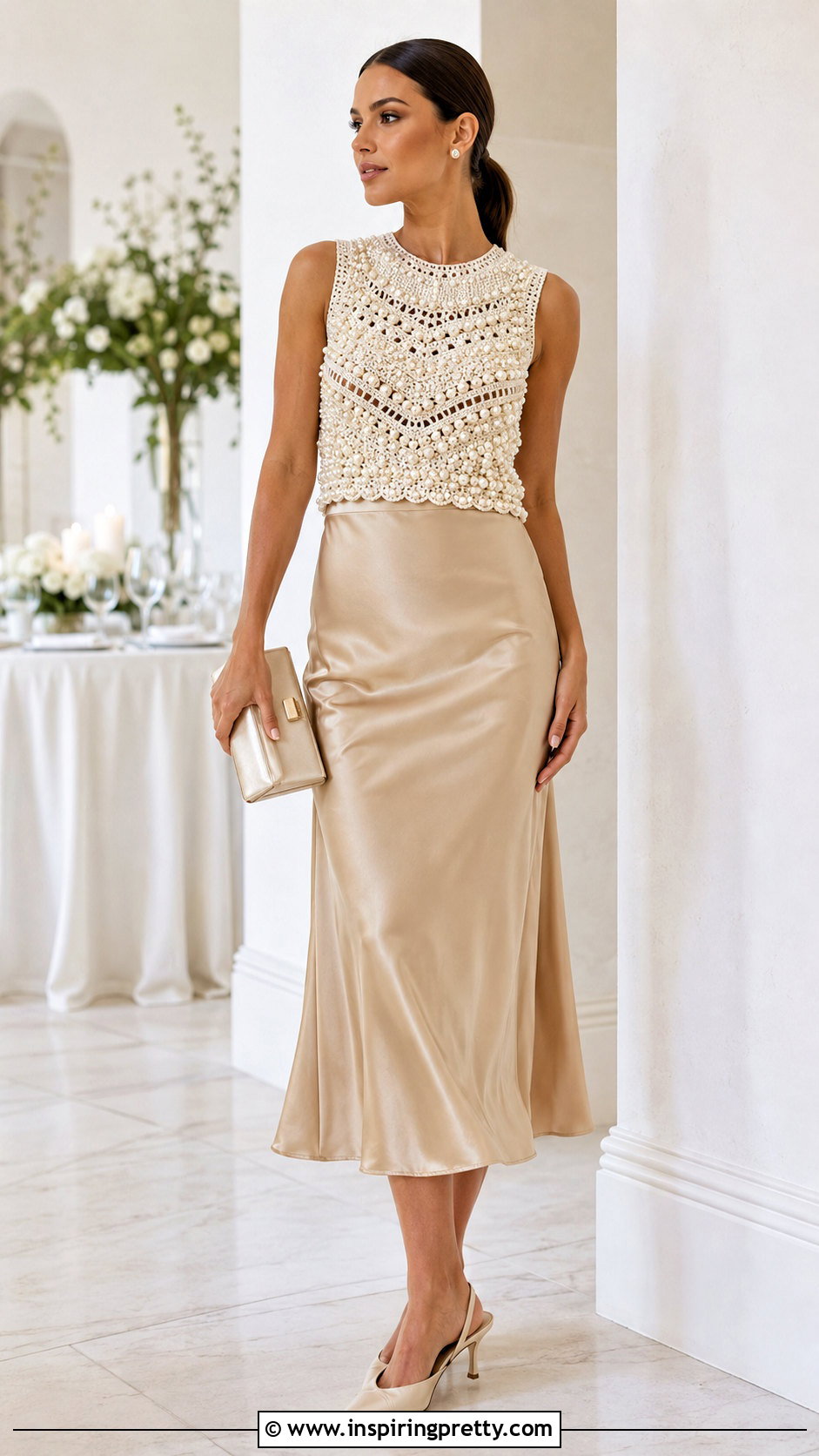 Pearl Embellished Crochet Top With Satin Midi Skirt - 20 pearl embellished crochet top outfit ideas