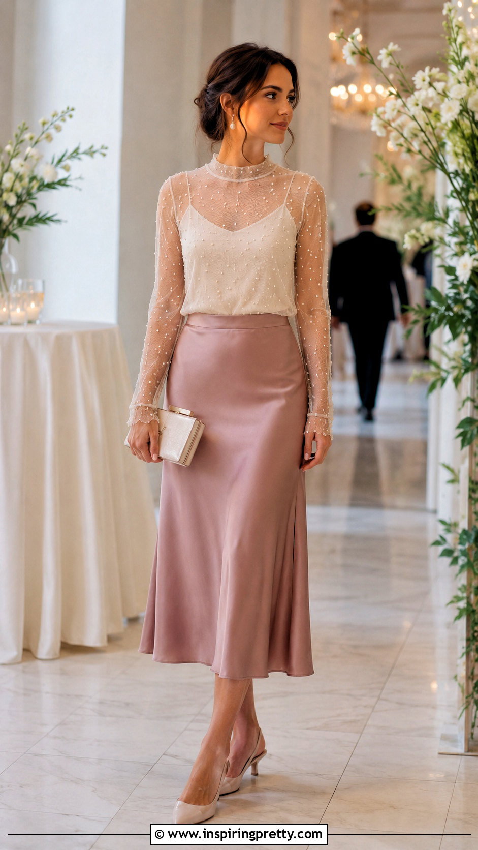 Pearl Embellished Net Top With Satin Midi Skirt - 50 net top designs for women