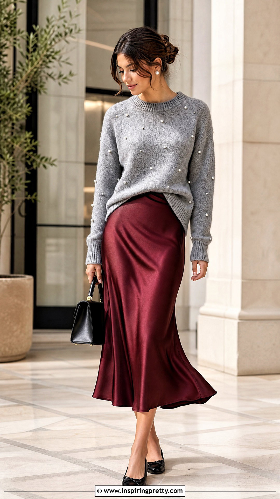 Pearl Embellished Sweater With Satin Midi Skirt - 20 Embellished Casual Top outfit ideas