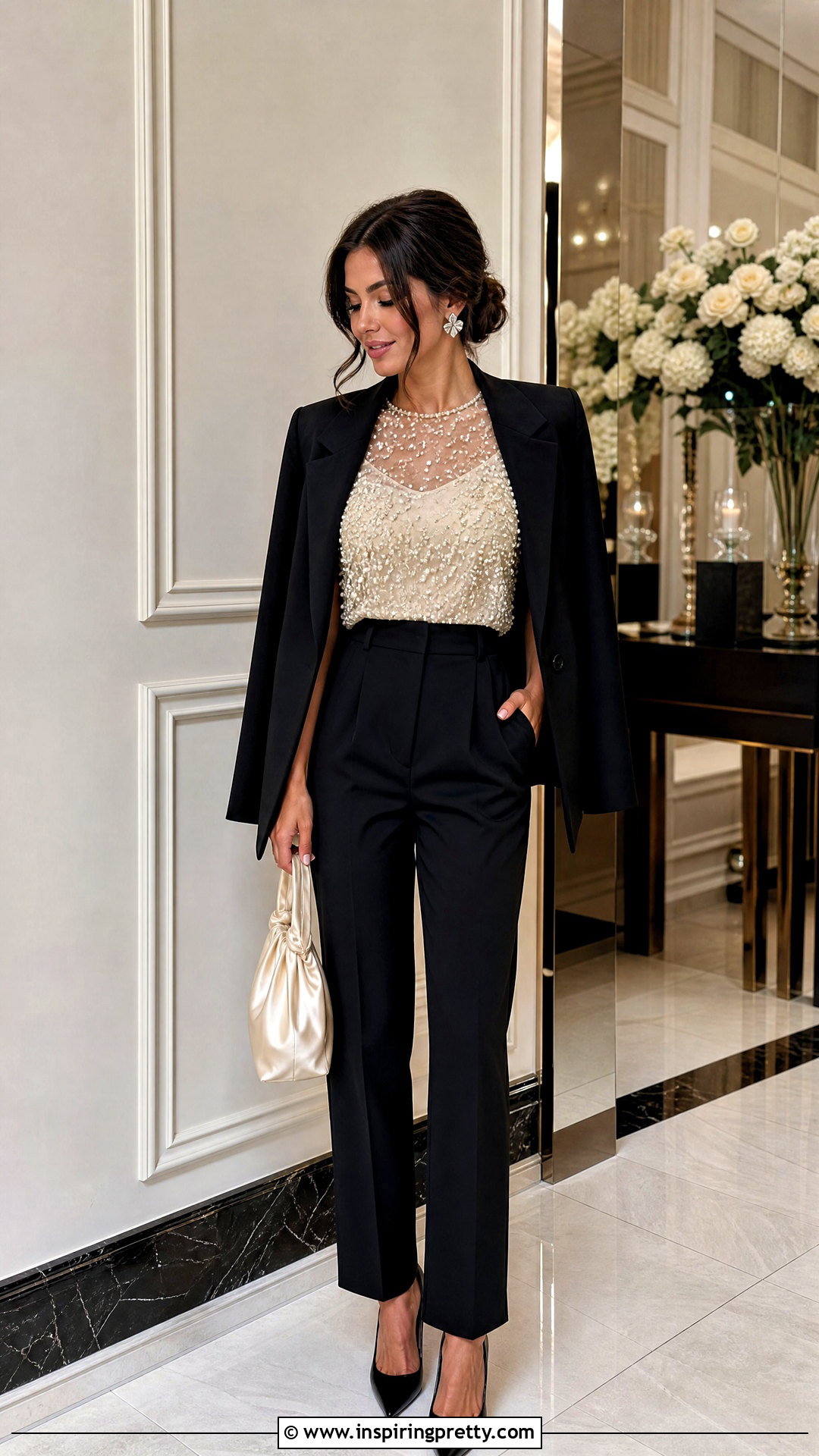 Pearl Embellished Top With Black Pants - 50 going out tops outfit ideas