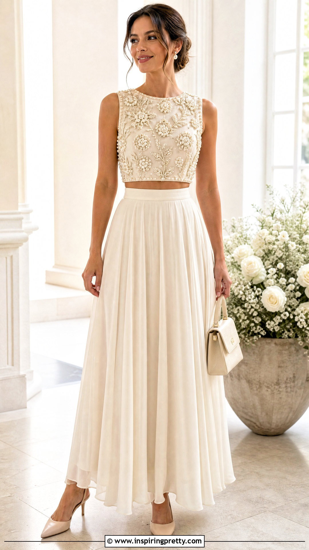 Pearl Embroidery Crop Top With High Waisted Skirt - 20 embroidery crop top designs