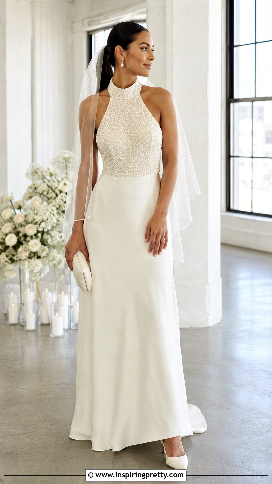 Pearl Halter Wedding Dress With Sleek Ponytail - 50 halter top wedding dress outfit ideas