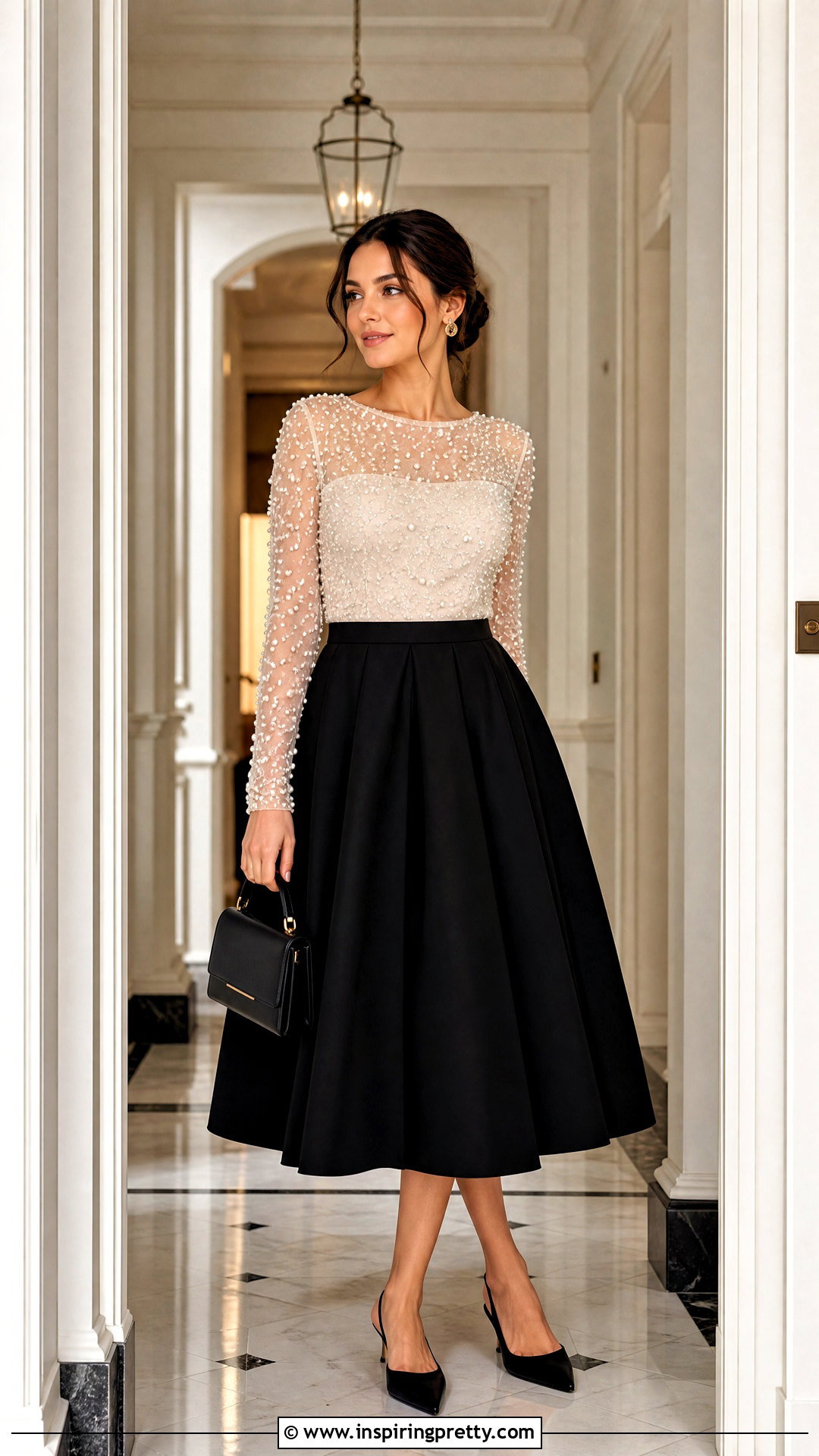 Pearl Mesh Top With Full Midi Skirt - 50 mesh top outfit classy ideas