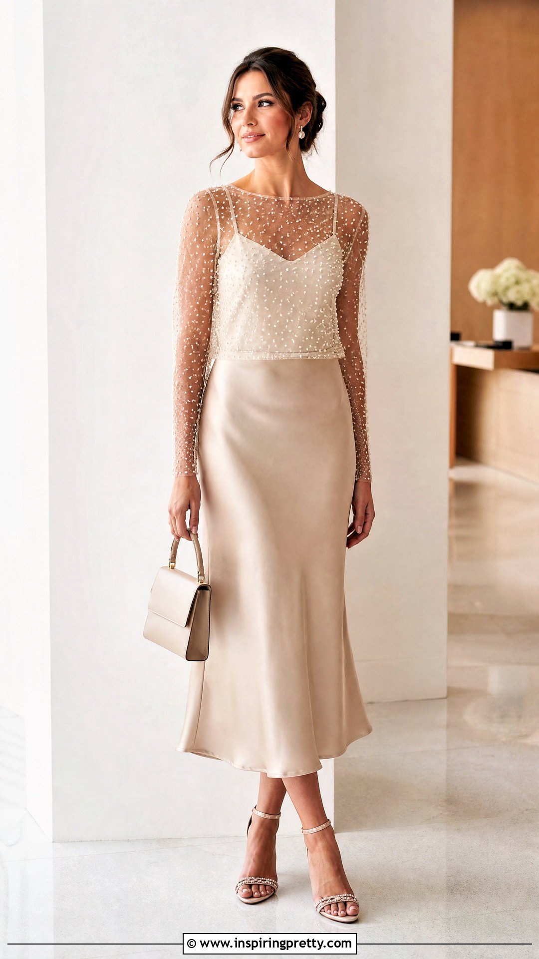 Pearl Mesh Top With Satin Midi Skirt - 25 top made of pearls