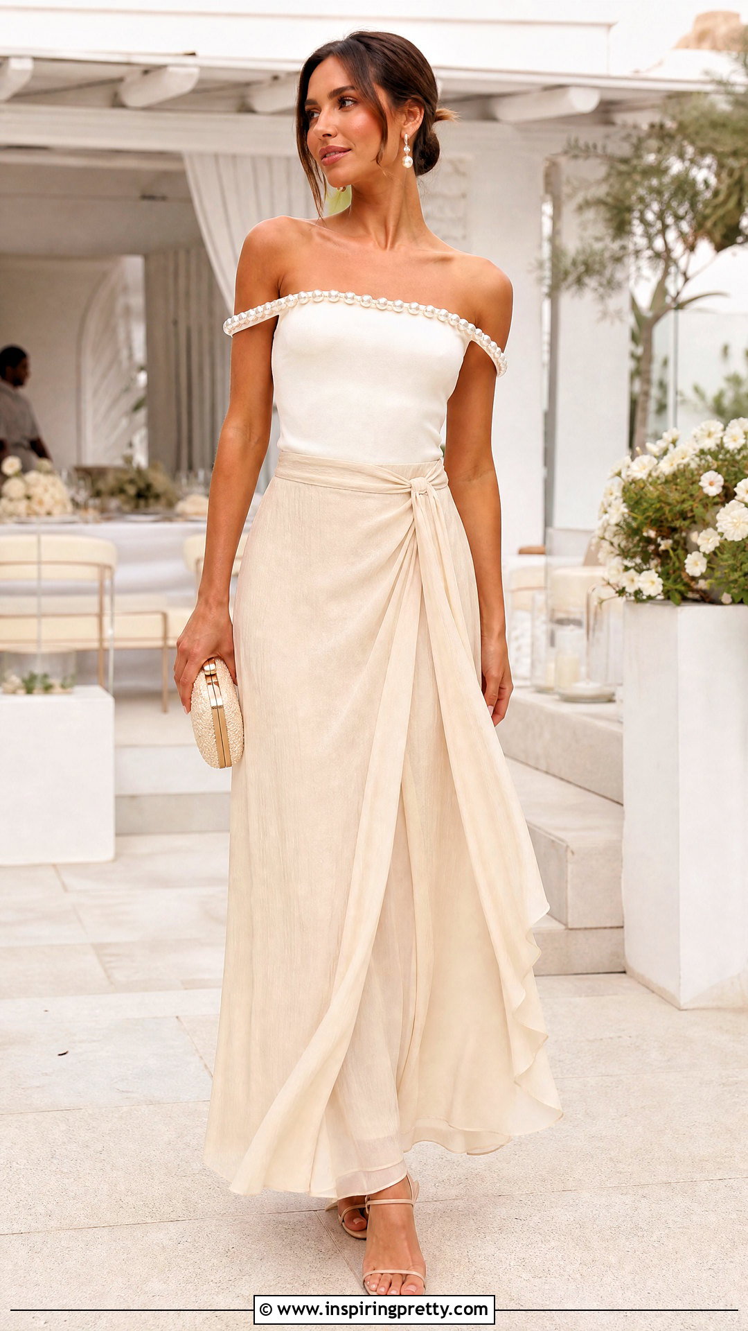 Pearl Off Shoulder Top With Maxi Skirt - 25 top made of pearls