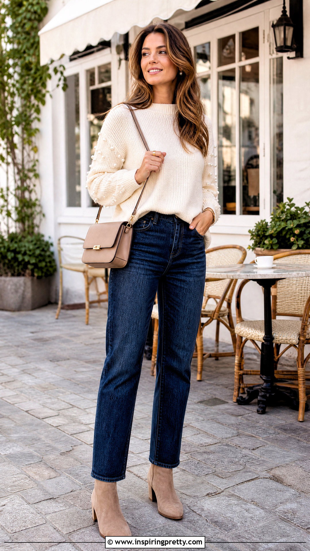 Pearl Sleeve Sweater With Straight Jeans - 50 embellished top outfit ideas