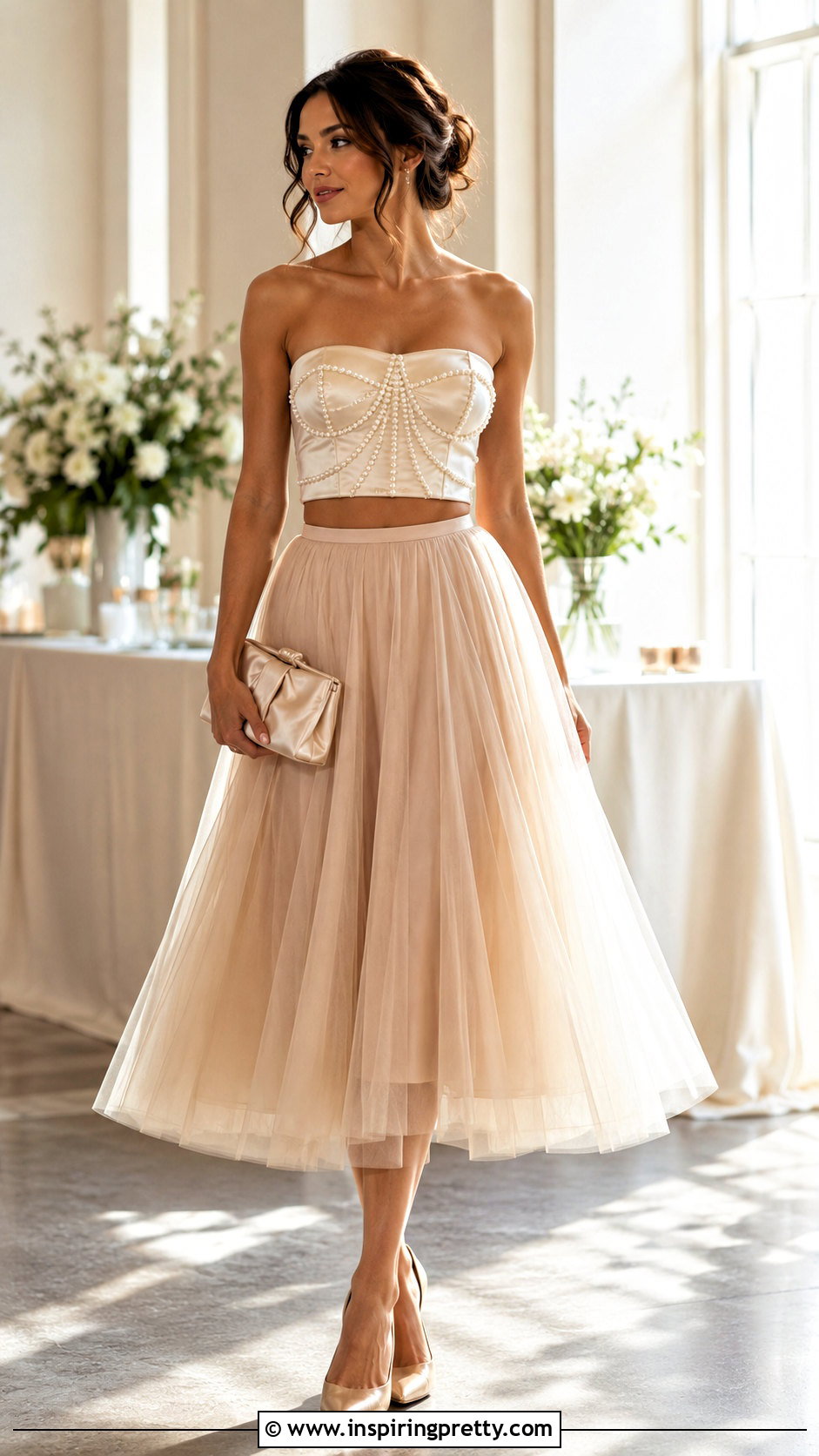 Pearl Strapless Crop Top With Tulle Skirt - 25 pearl crop top diy ideas