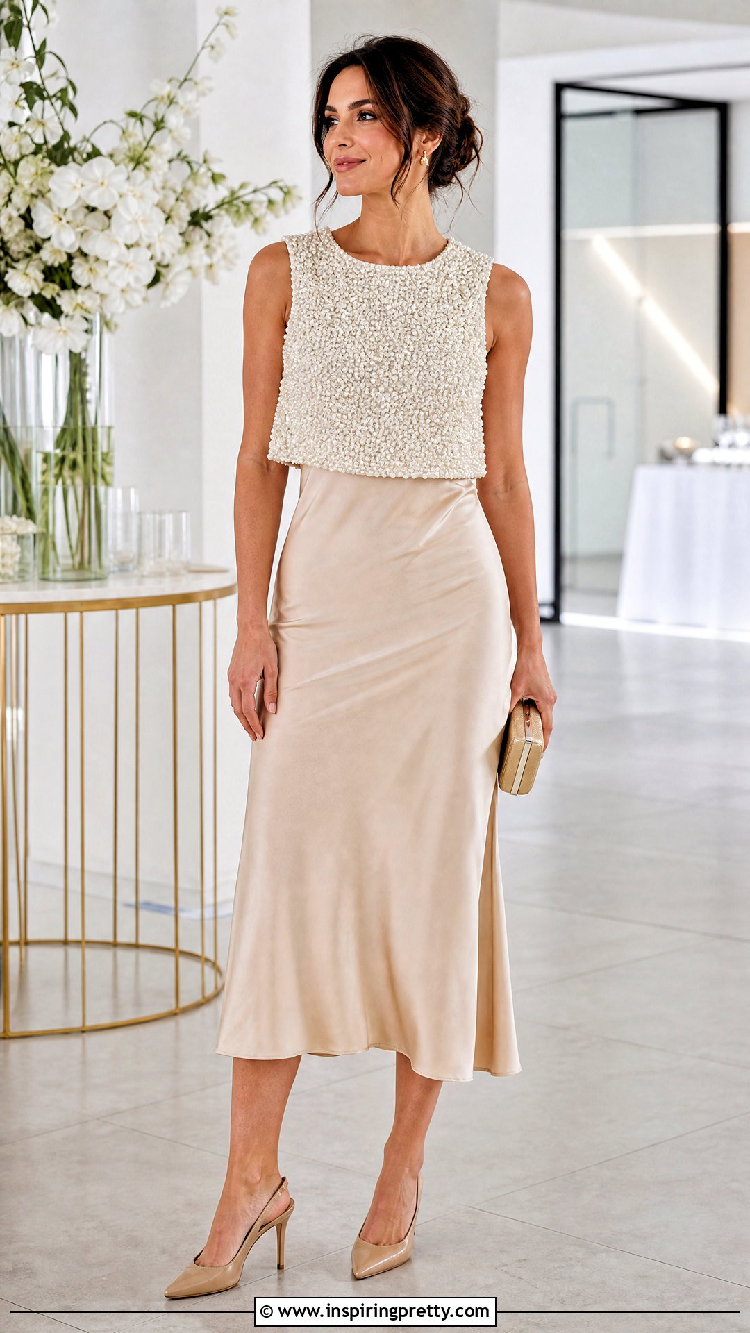 Pearl Top Over Champagne Satin Dress - 20 Pearl Top Over Dress outfit ideas