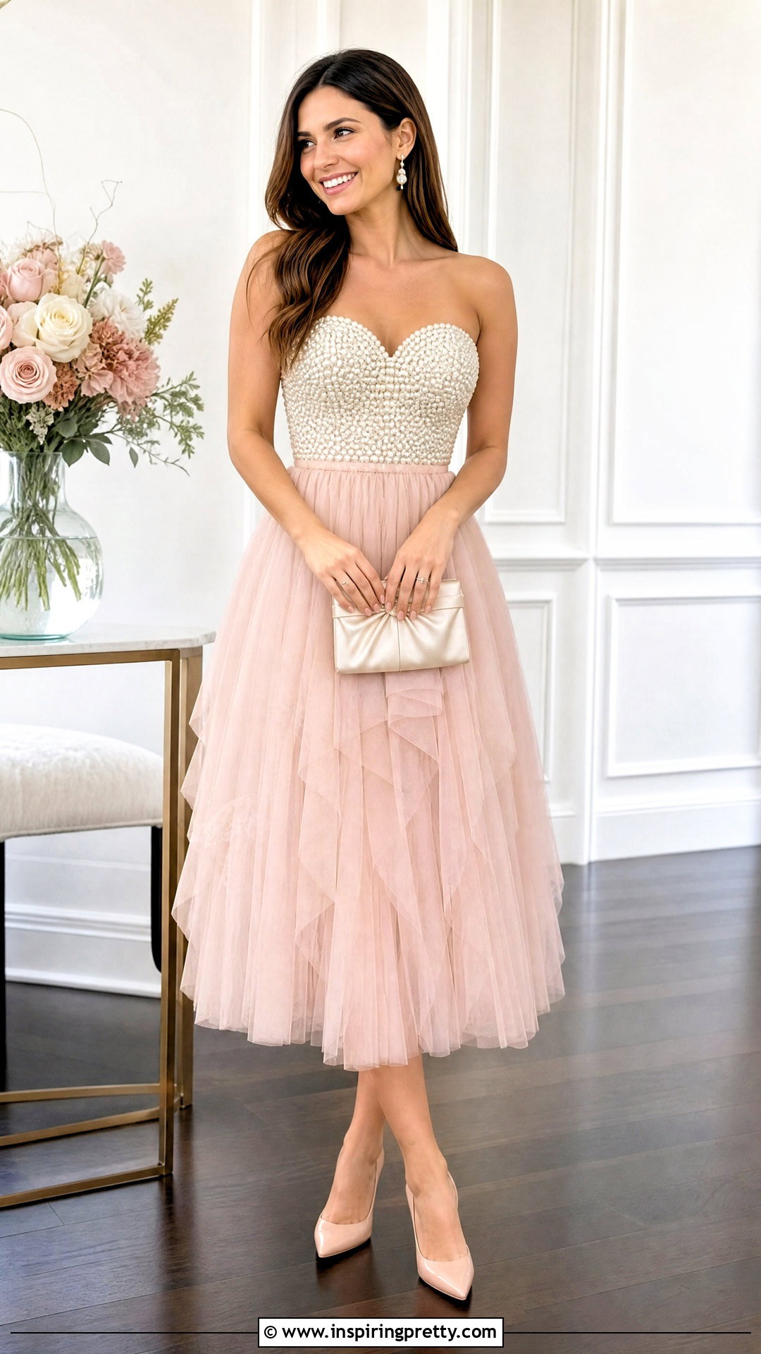 Pearl Top With Tulle Midi Skirt - 25 top made of pearls
