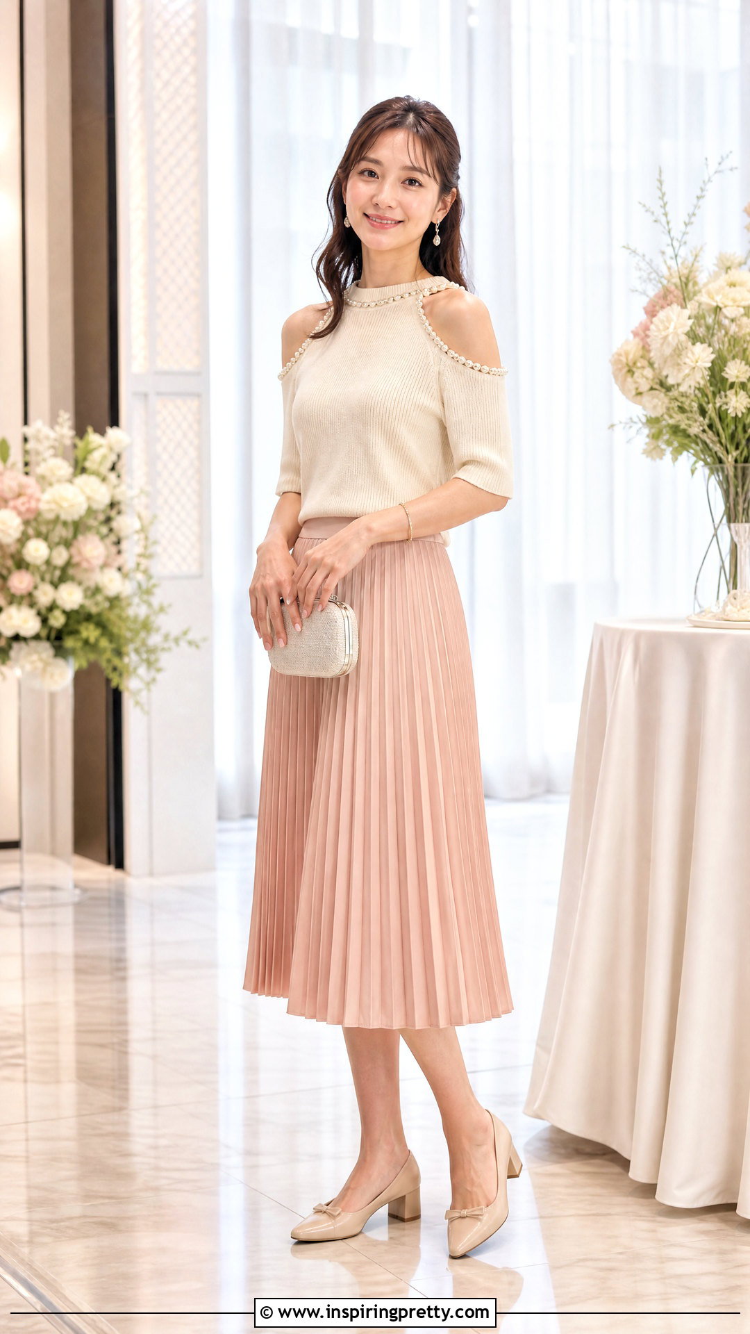 Pearl Trim Cold Shoulder Top With Pleated Skirt - 20 cold shoulder top diy outfit ideas