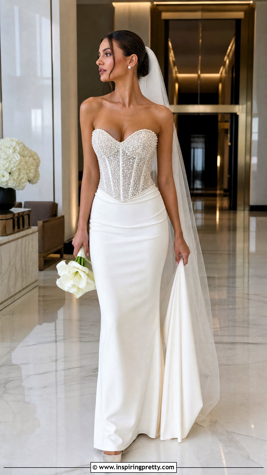 Pearl White Corset Top With Crepe Maxi Skirt - 25 White Corset Top Wedding outfit ideas