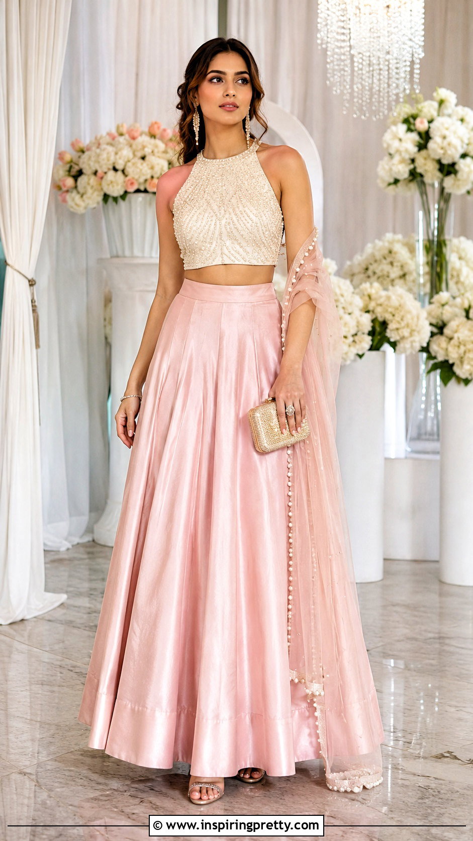 Pearl Work Crop Top With Satin Lehenga - 50 traditional crop top designs