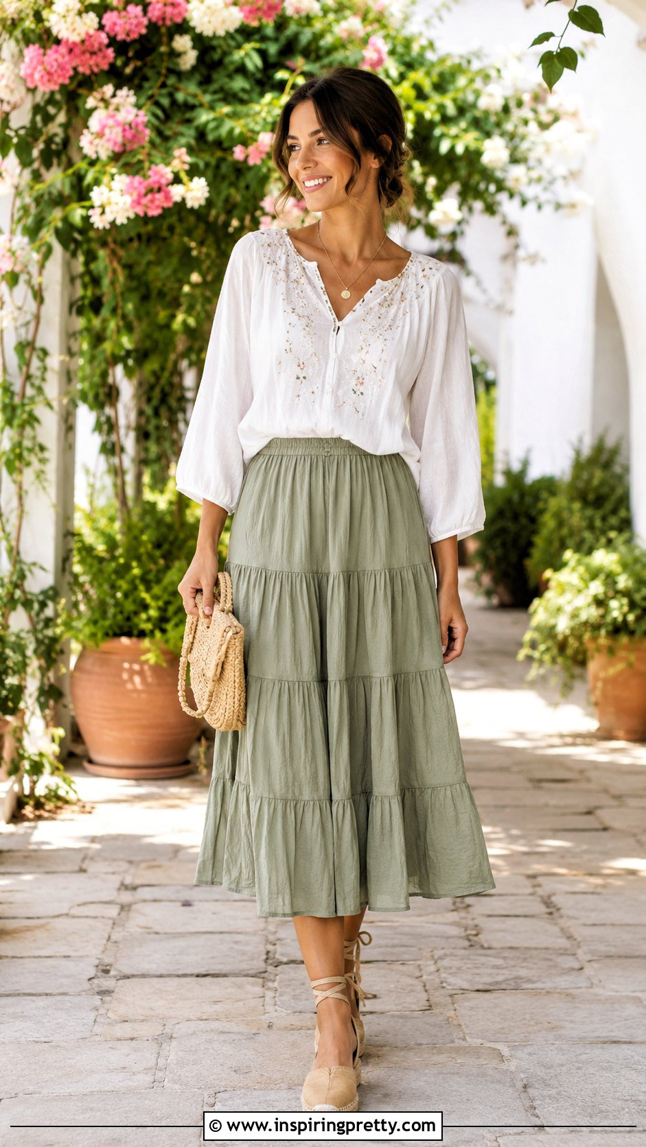 Peasant Blouse And Tiered Midi Skirt Outfit - 50 top and skirt outfit ideas